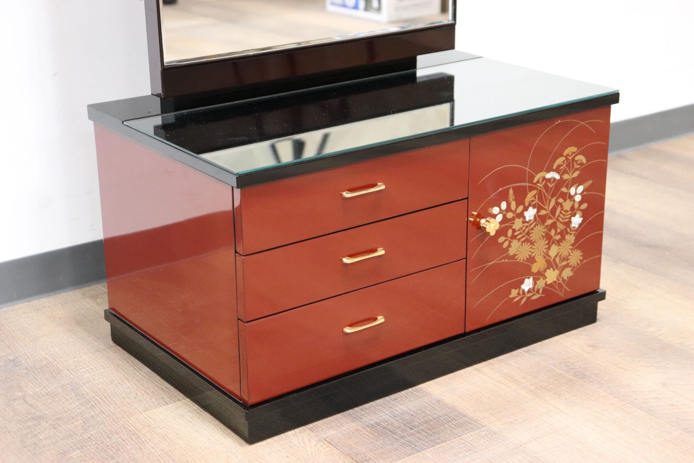 GMGF123○MATSUSO / 松創 全身鏡 姿見 スタンドミラー 小引出し 収納家具 漆塗り 和モダン レトロ 伝統工芸 府中家具 IDC大塚家具 展示品