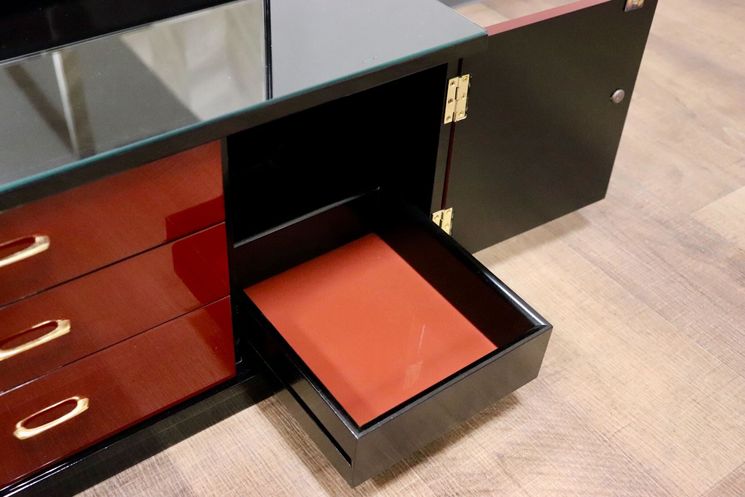 GMGF123○MATSUSO / 松創 全身鏡 姿見 スタンドミラー 小引出し 収納家具 漆塗り 和モダン レトロ 伝統工芸 府中家具 IDC大塚家具 展示品