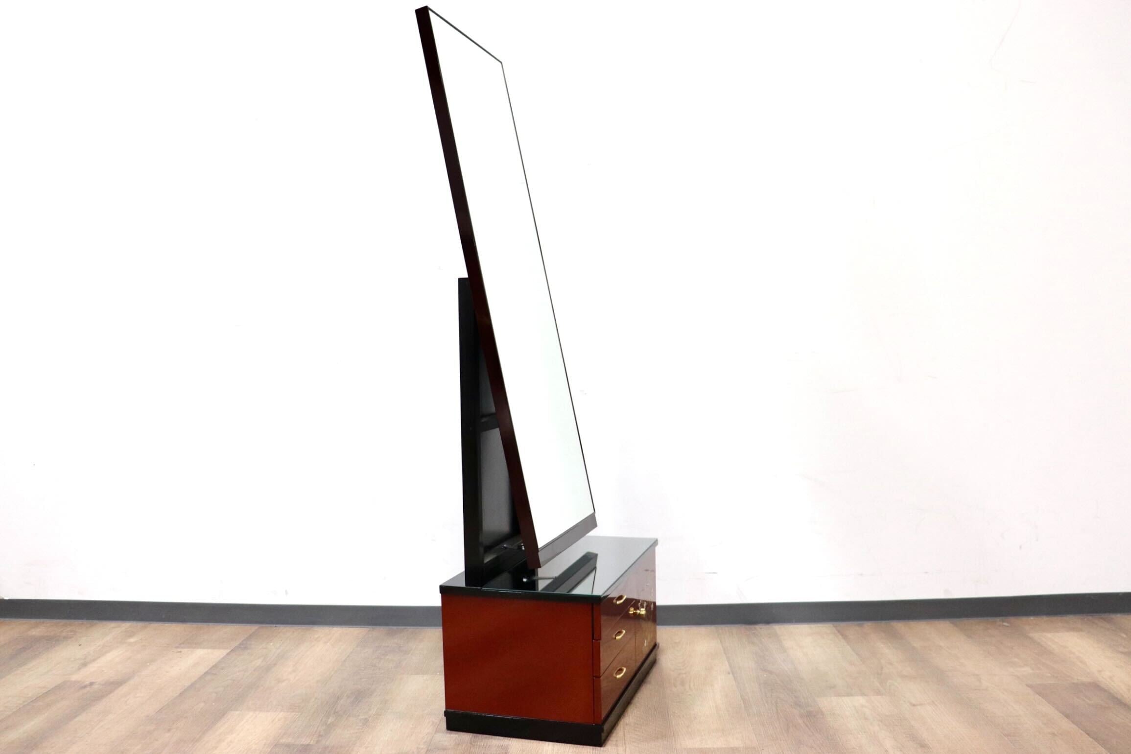 GMGF123○MATSUSO / 松創 全身鏡 姿見 スタンドミラー 小引出し 収納家具 漆塗り 和モダン レトロ 伝統工芸 府中家具 IDC大塚家具 展示品