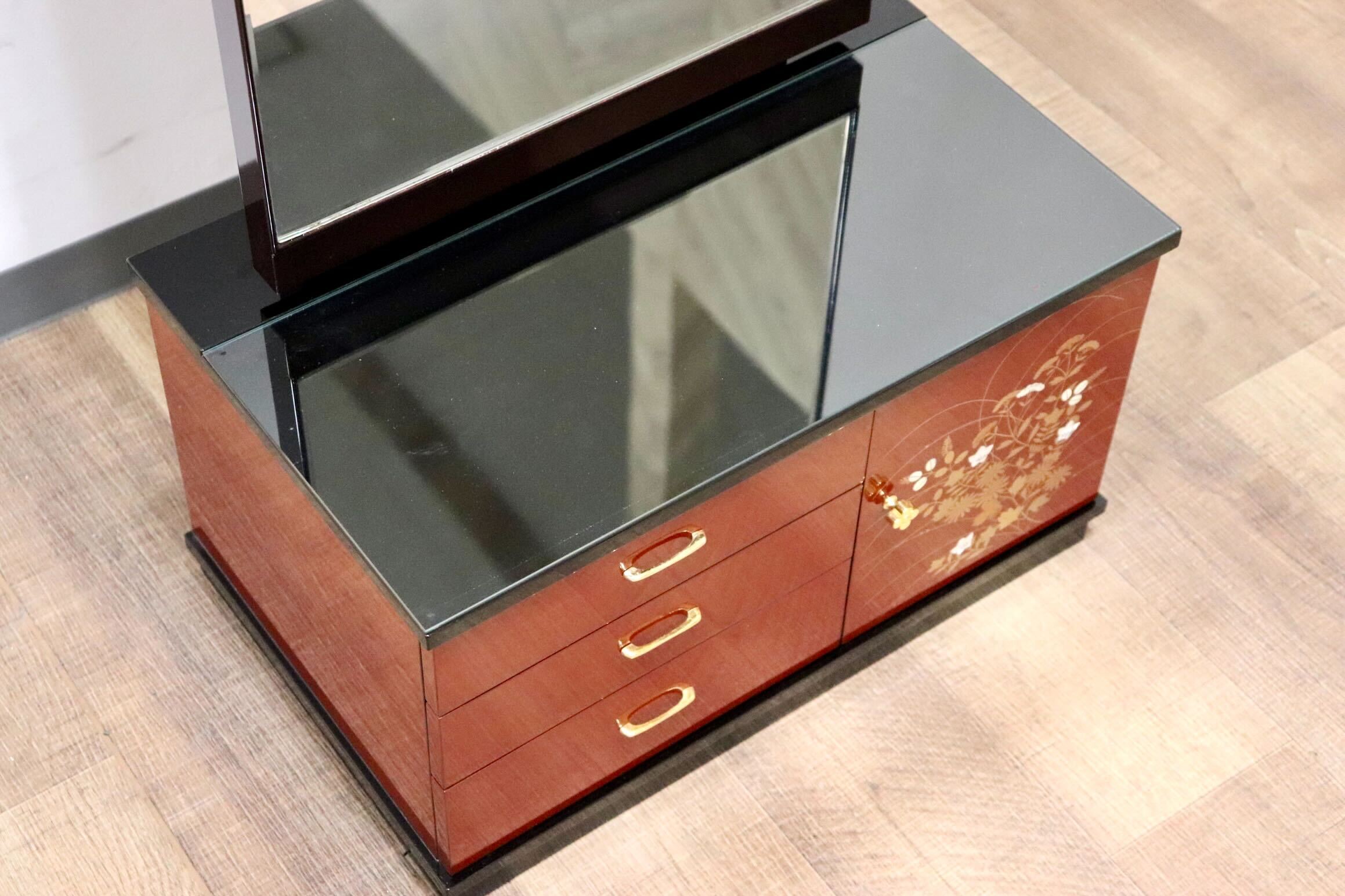 GMGF123○MATSUSO / 松創 全身鏡 姿見 スタンドミラー 小引出し 収納家具 漆塗り 和モダン レトロ 伝統工芸 府中家具 IDC大塚家具 展示品