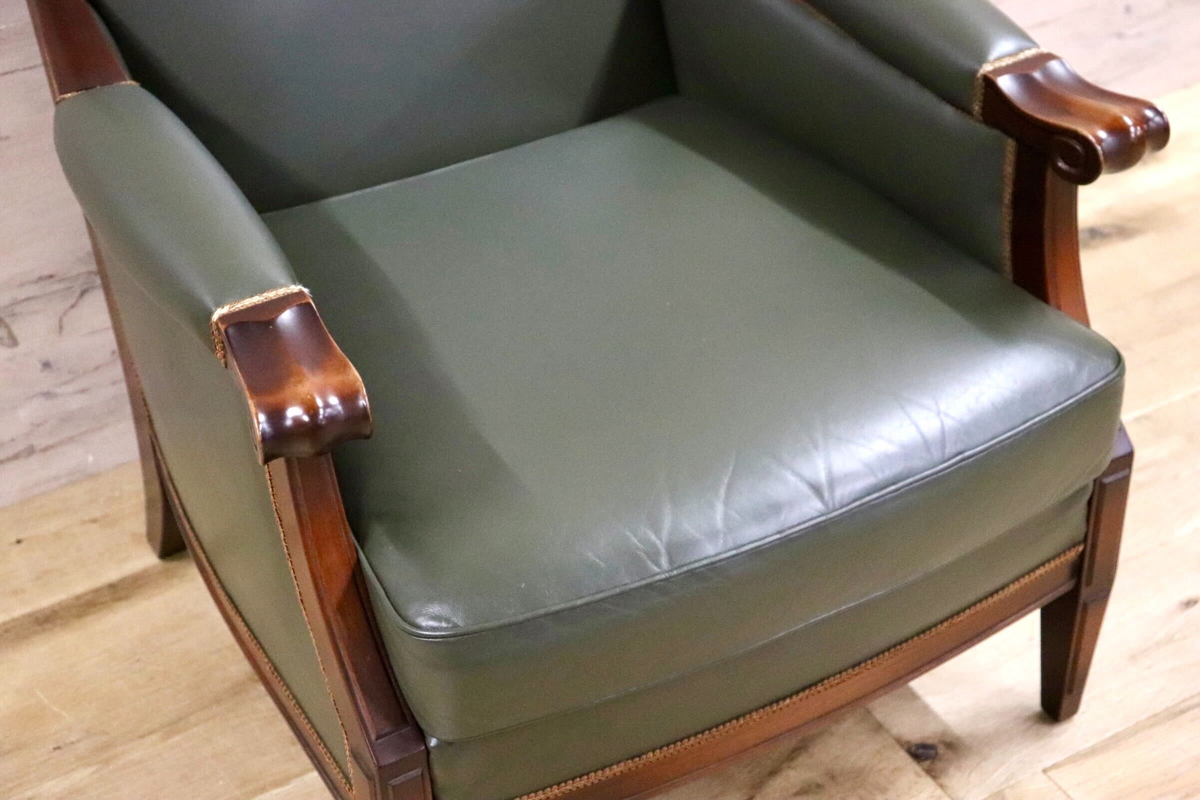 GMHN114A○メープル不二屋 1人掛けソファ シングルソファ ラウンジチェア 応接 本革 グリーン クラシック ヨーロピアン 神戸洋家具 美品