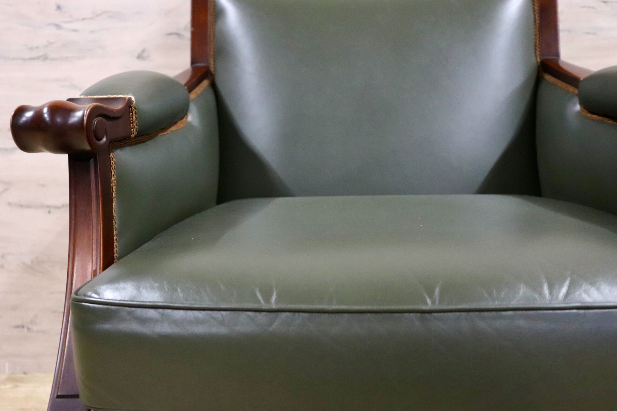 GMHN114A○メープル不二屋 1人掛けソファ シングルソファ ラウンジチェア 応接 本革 グリーン クラシック ヨーロピアン 神戸洋家具 美品
