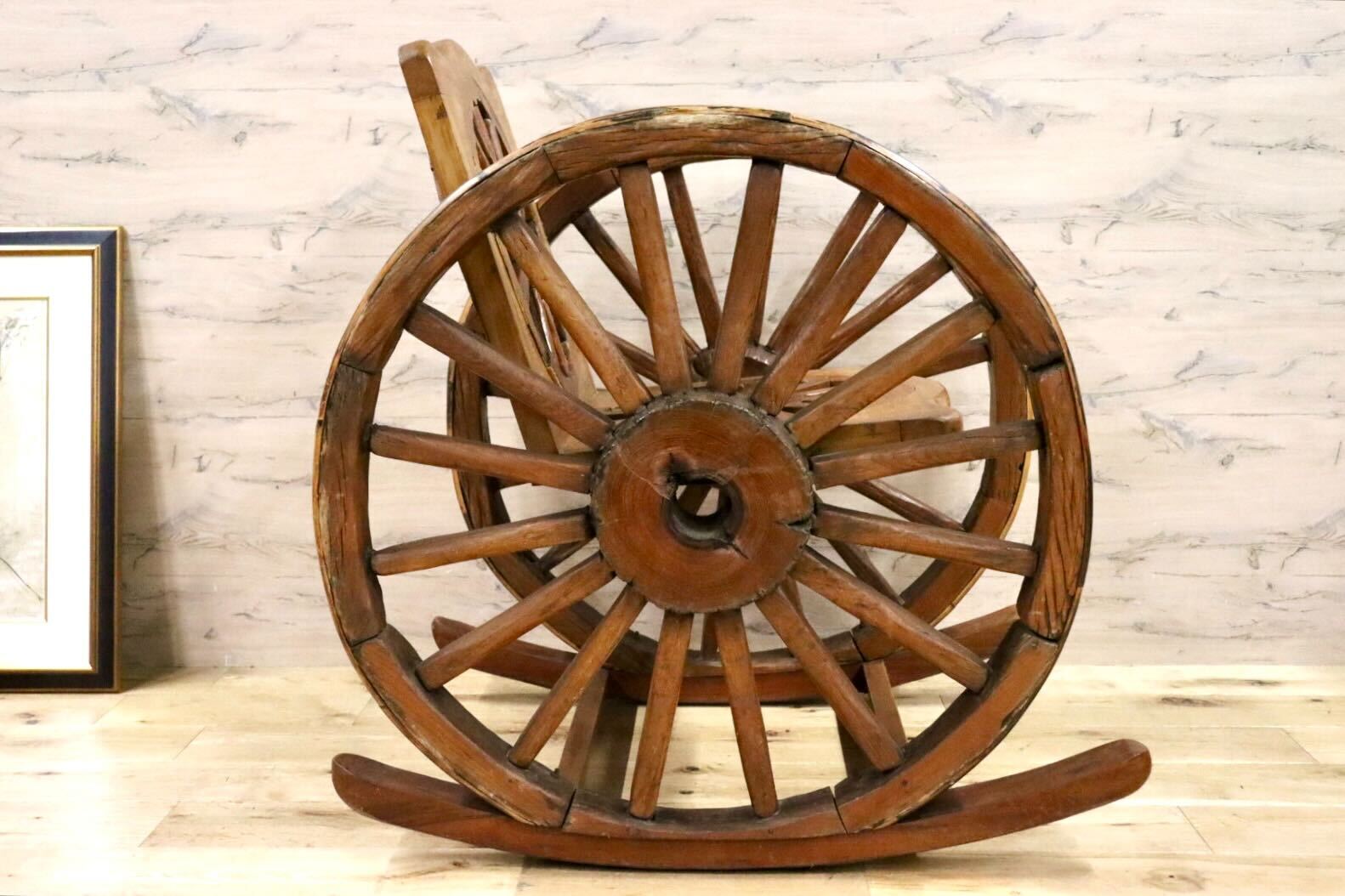 GMGS59○車輪デザインベンチ アジアン 家具 ロッキングチェア 木製 インテリア 店舗什器 ガーデン アンティーク ヴィンテージ