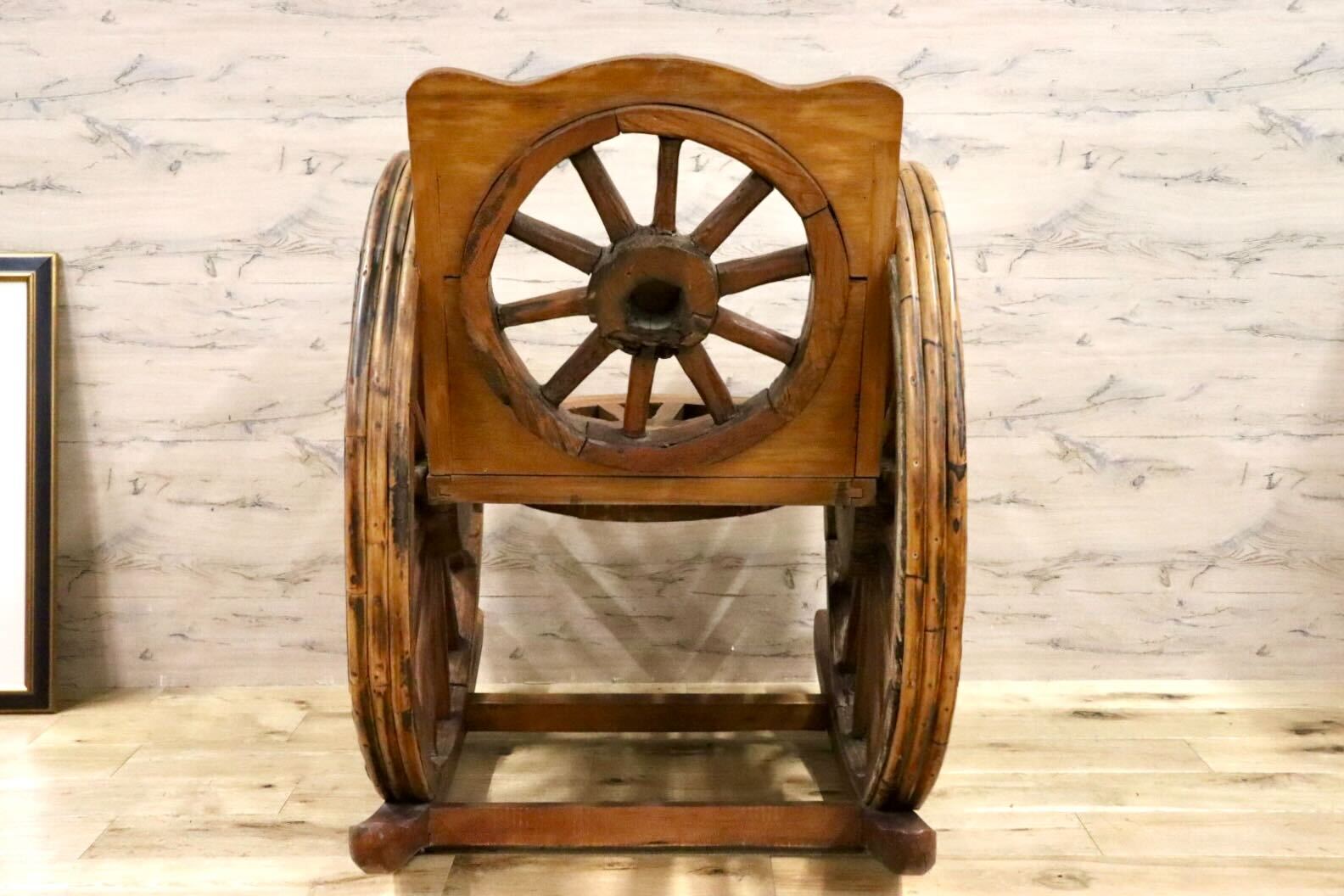 GMGS59○車輪デザインベンチ アジアン 家具 ロッキングチェア 木製 インテリア 店舗什器 ガーデン アンティーク ヴィンテージ