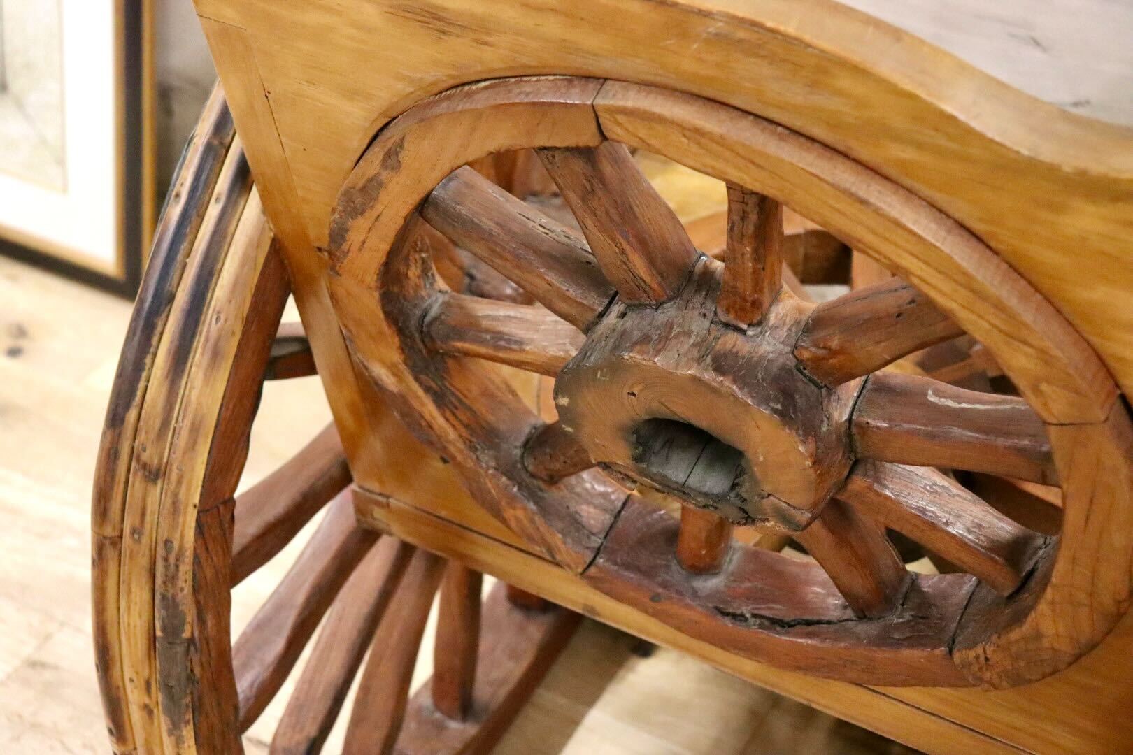 GMGS59○車輪デザインベンチ アジアン 家具 ロッキングチェア 木製 インテリア 店舗什器 ガーデン アンティーク ヴィンテージ