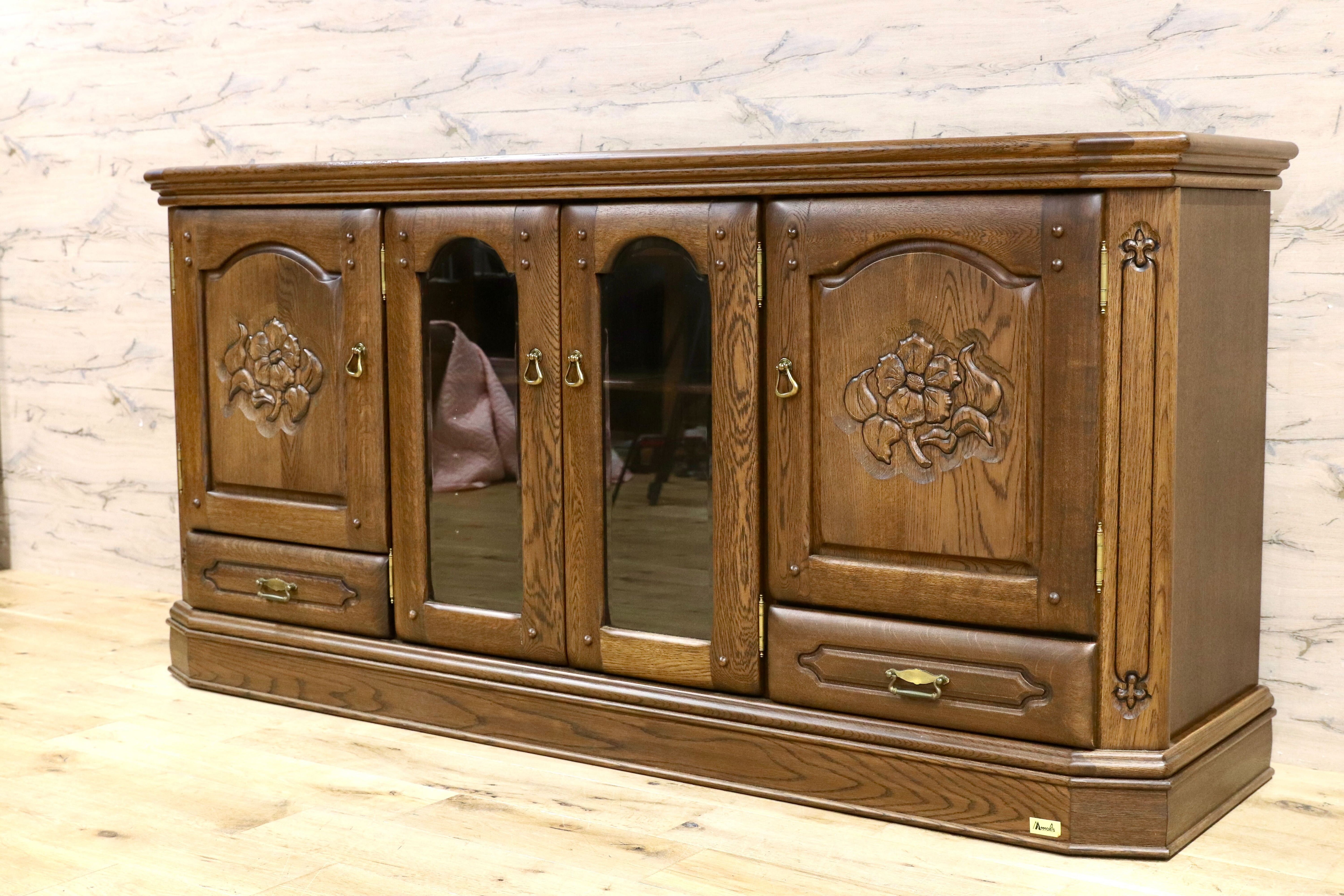 GMHK662○河本家具 / Molis 旭川家具 サイドボード リビングボード クラシック キャビネット オーク無垢材 レトロ ヴィンテージ