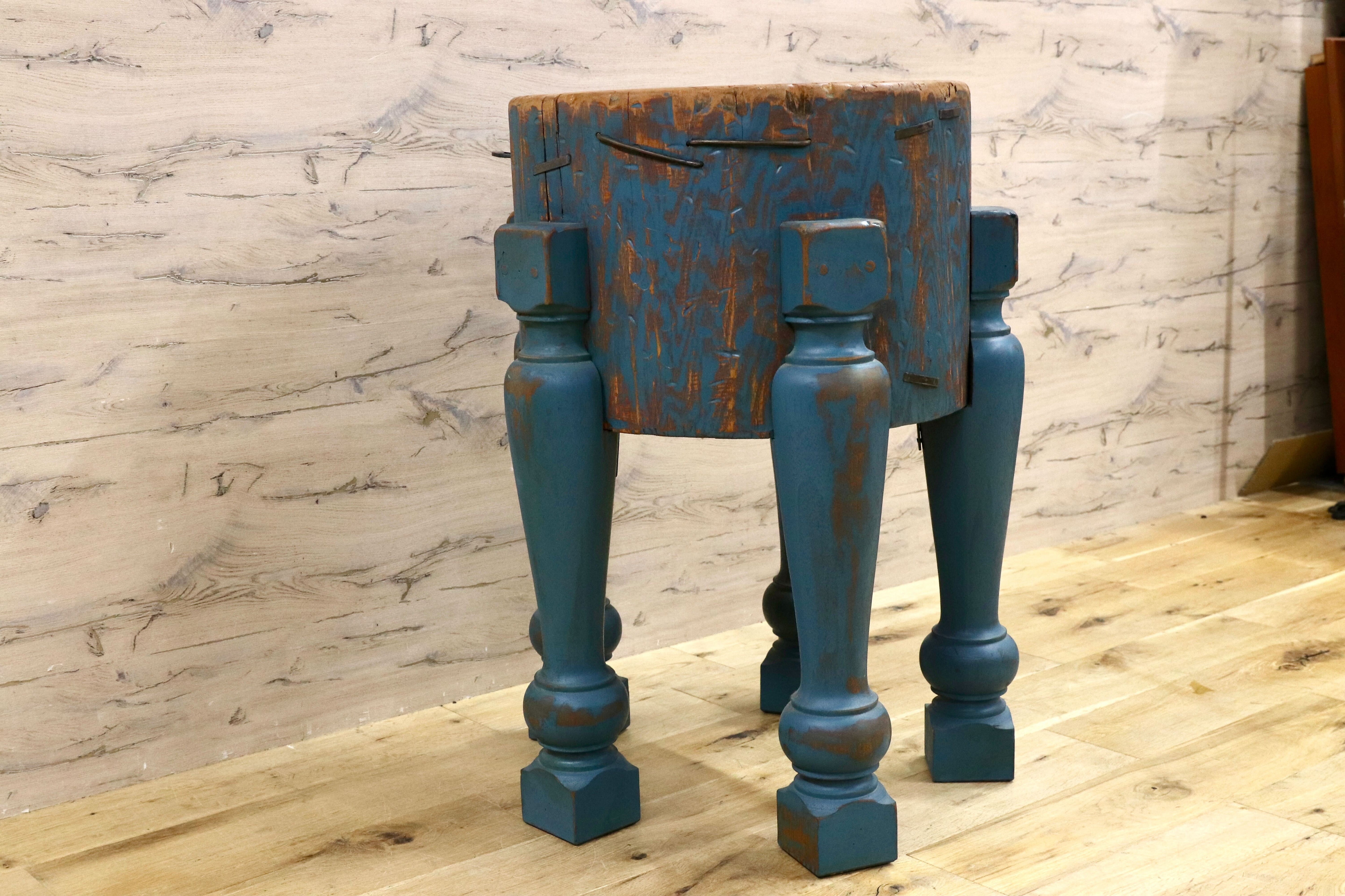 GMHK309○オーク材 樽テーブル オブジェ 花台 飾り台 カフェテーブル ブルー シャビー カントリー 店舗什器 アンティーク