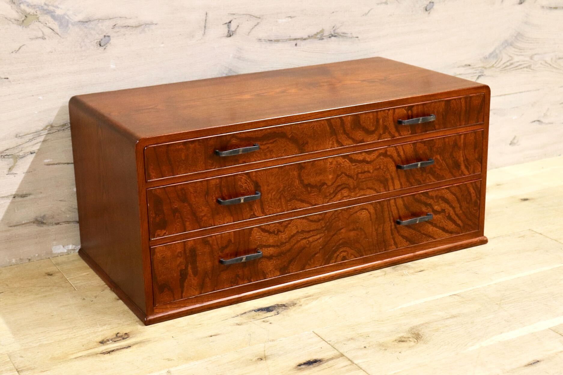 GMIH311D○小箪笥 小引き出し 小物入れ 書類整理箱 ミニチェスト 収納 欅材 3段 古道具 民芸家具 和製アンティーク レトロ