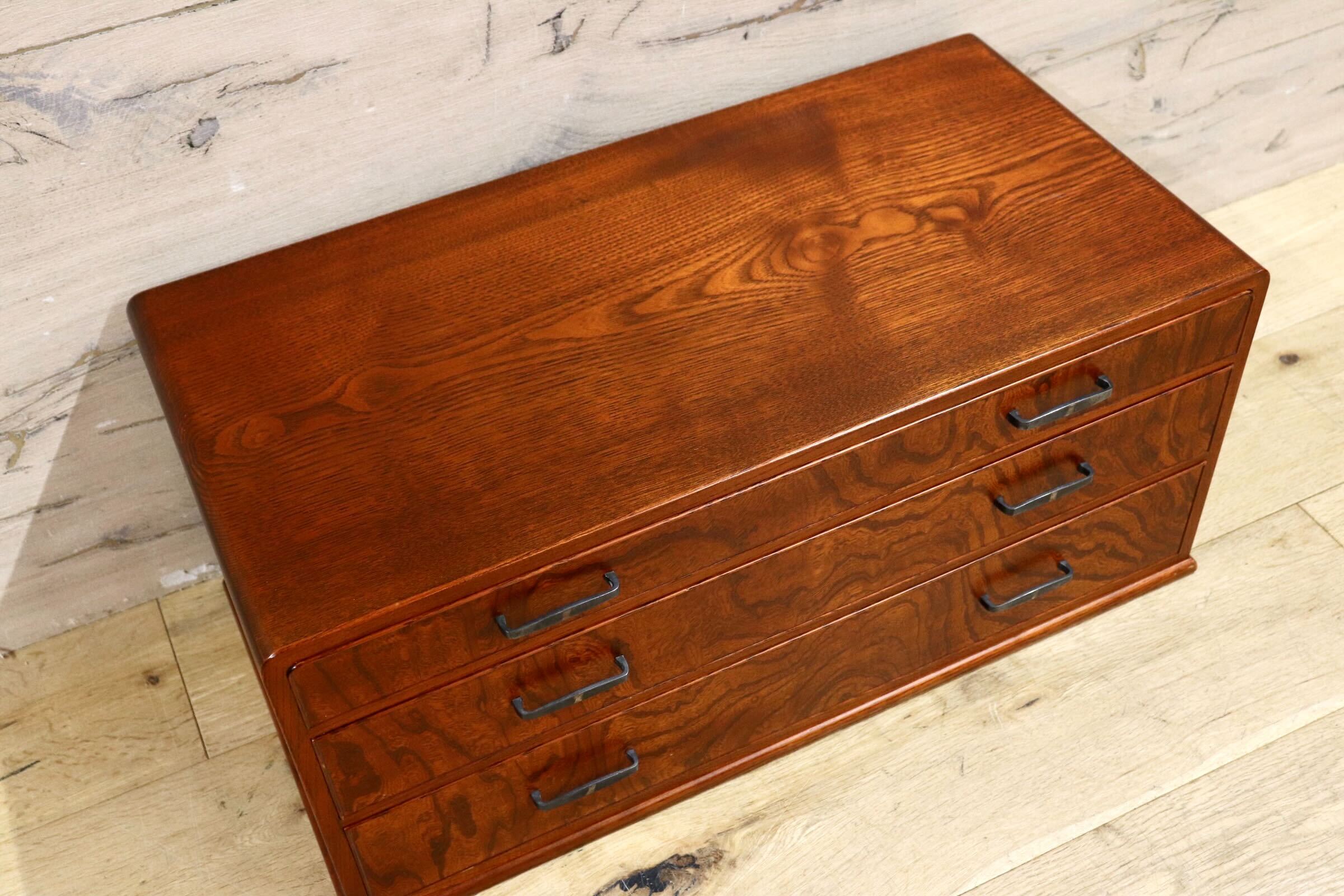 GMIH311D○小箪笥 小引き出し 小物入れ 書類整理箱 ミニチェスト 収納 欅材 3段 古道具 民芸家具 和製アンティーク レトロ