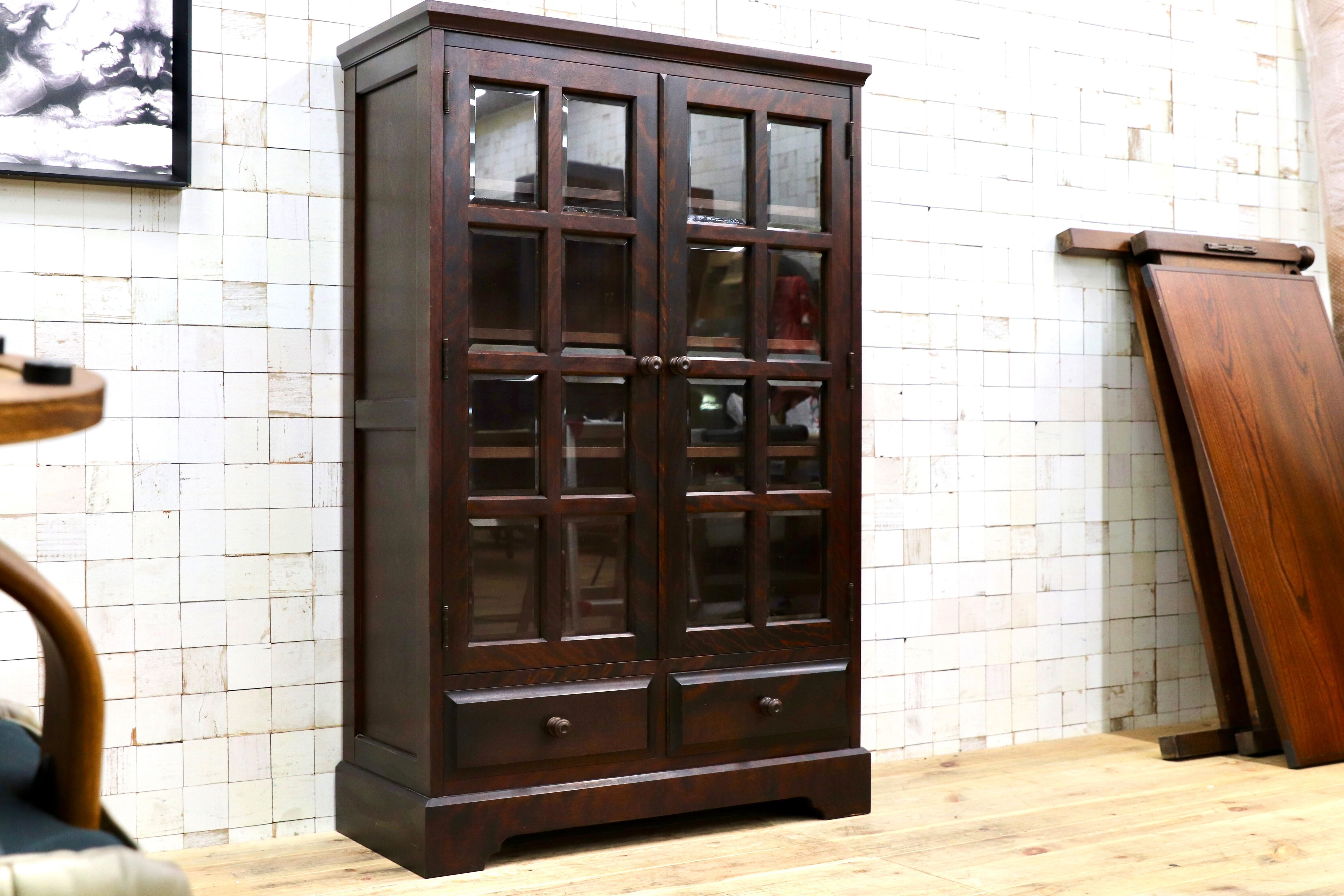 GMIH412○北海道民芸家具 キャビネット 飾り棚 樺材 アンティーク 和家具 レトロ 本棚 ブックキャビネット 食器棚 カップボード