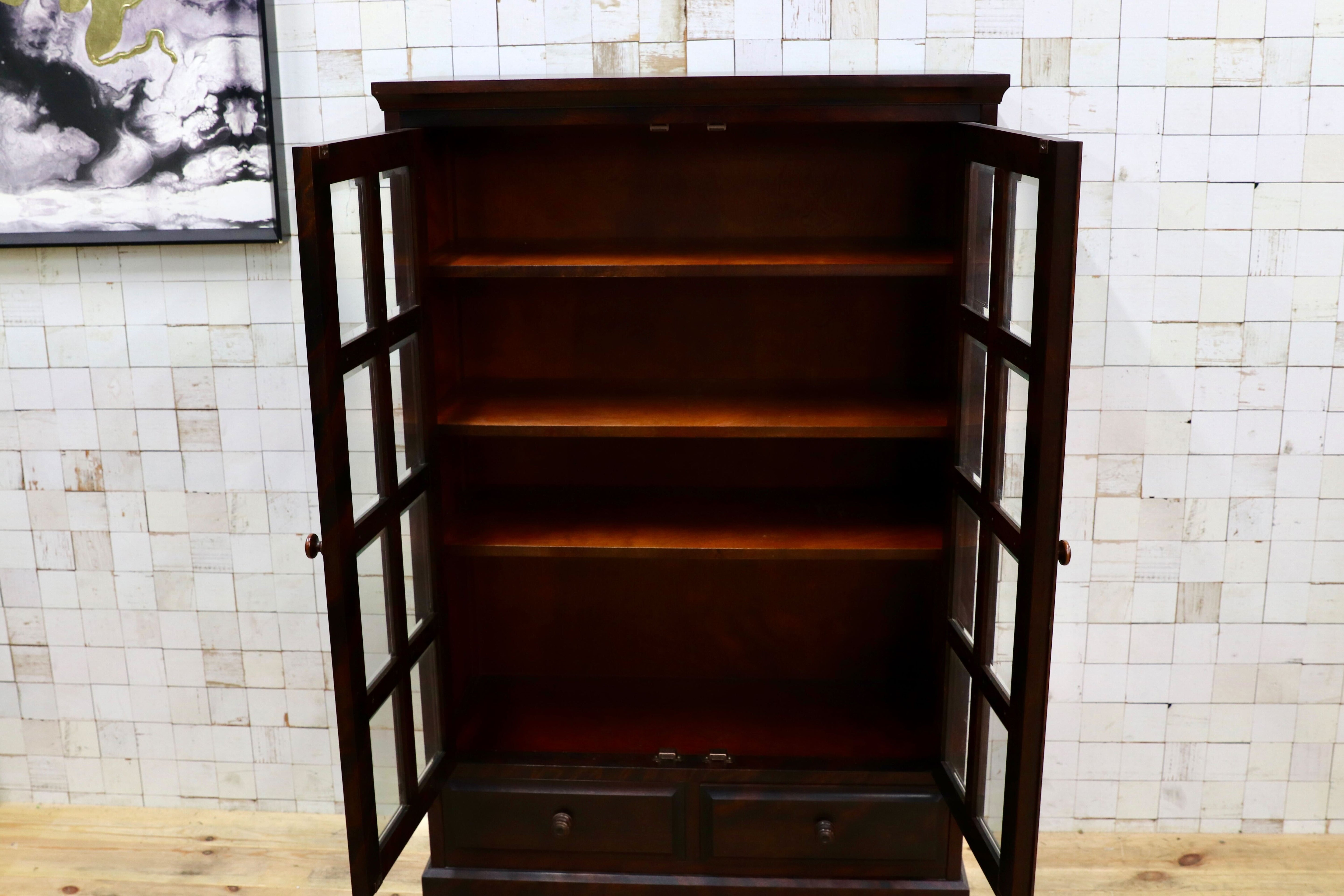 GMIH412○北海道民芸家具 キャビネット 飾り棚 樺材 アンティーク 和家具 レトロ 本棚 ブックキャビネット 食器棚 カップボード