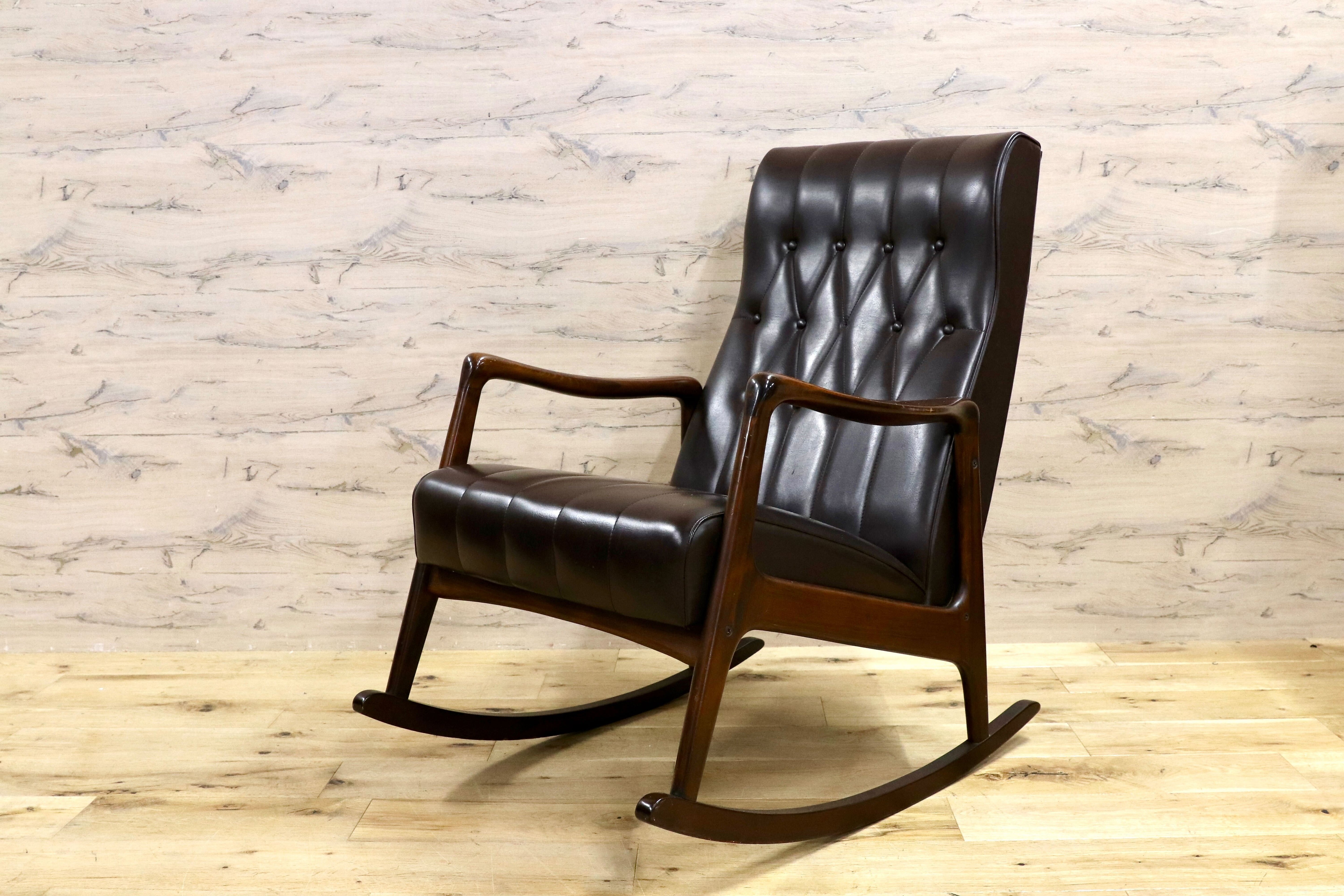 GMHK328○アンティーク ロッキングチェア ブナ材 昭和レトロ 揺り椅子 ビニールレザー 検)カリモク 松田家具 天童 マルニ