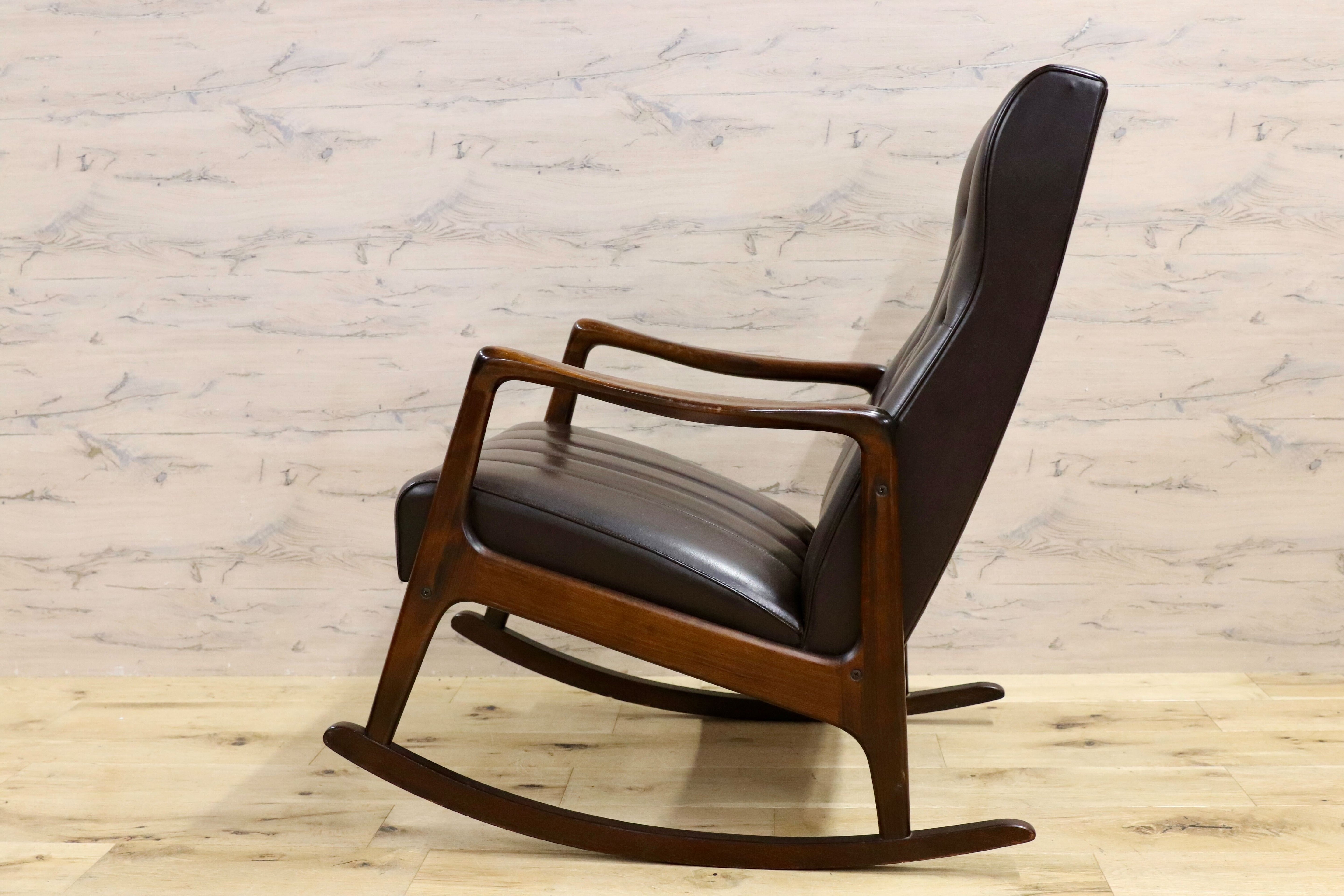 GMHK328○アンティーク ロッキングチェア ブナ材 昭和レトロ 揺り椅子 ビニールレザー 検)カリモク 松田家具 天童 マルニ