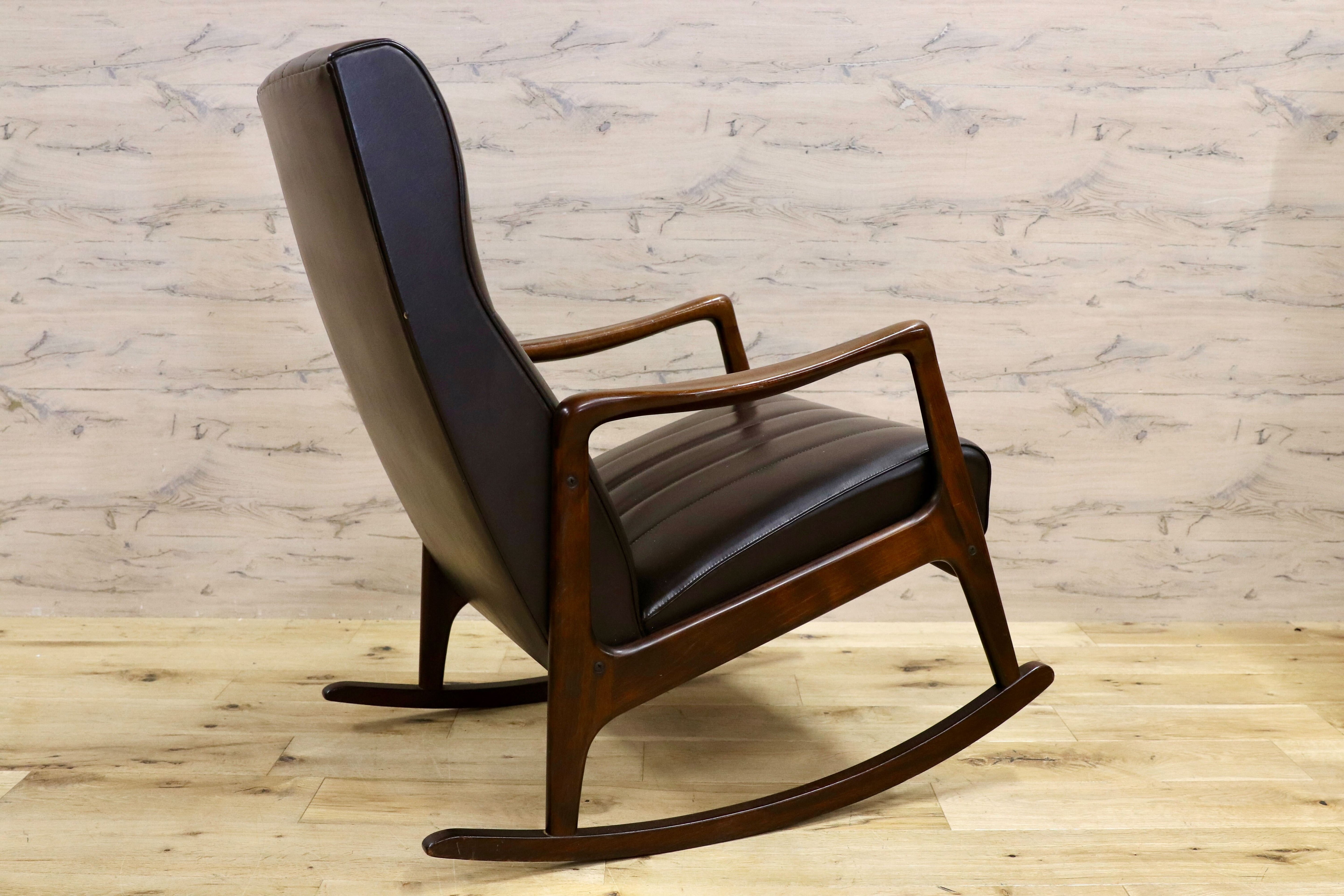 GMHK328○アンティーク ロッキングチェア ブナ材 昭和レトロ 揺り椅子 ビニールレザー 検)カリモク 松田家具 天童 マルニ