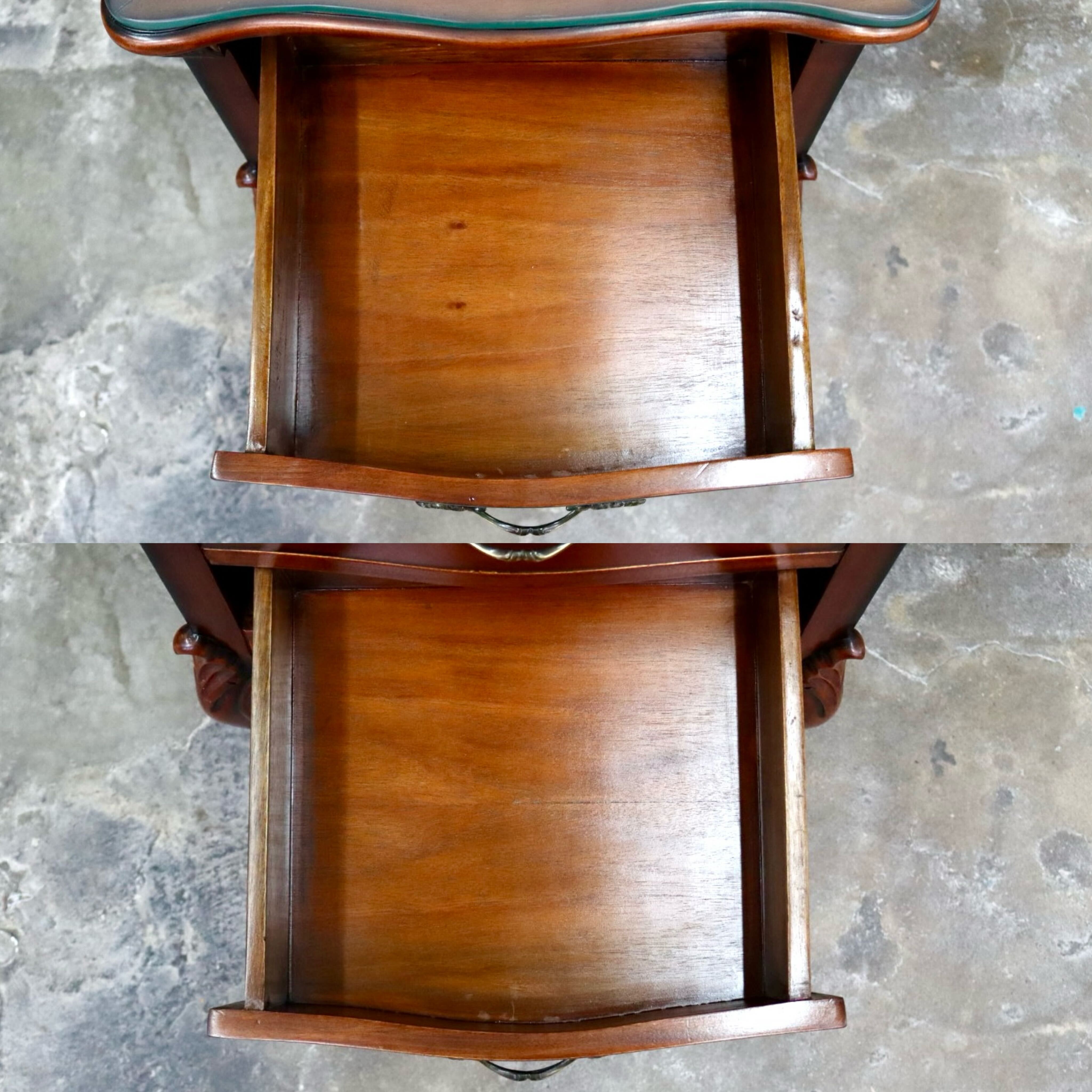 GMIS399○ナイトテーブル サイドテーブル キャビネット チェスト 花台 引き出し 猫脚 ガラス天板 マホガニー材 ヴィンテージ クラシック