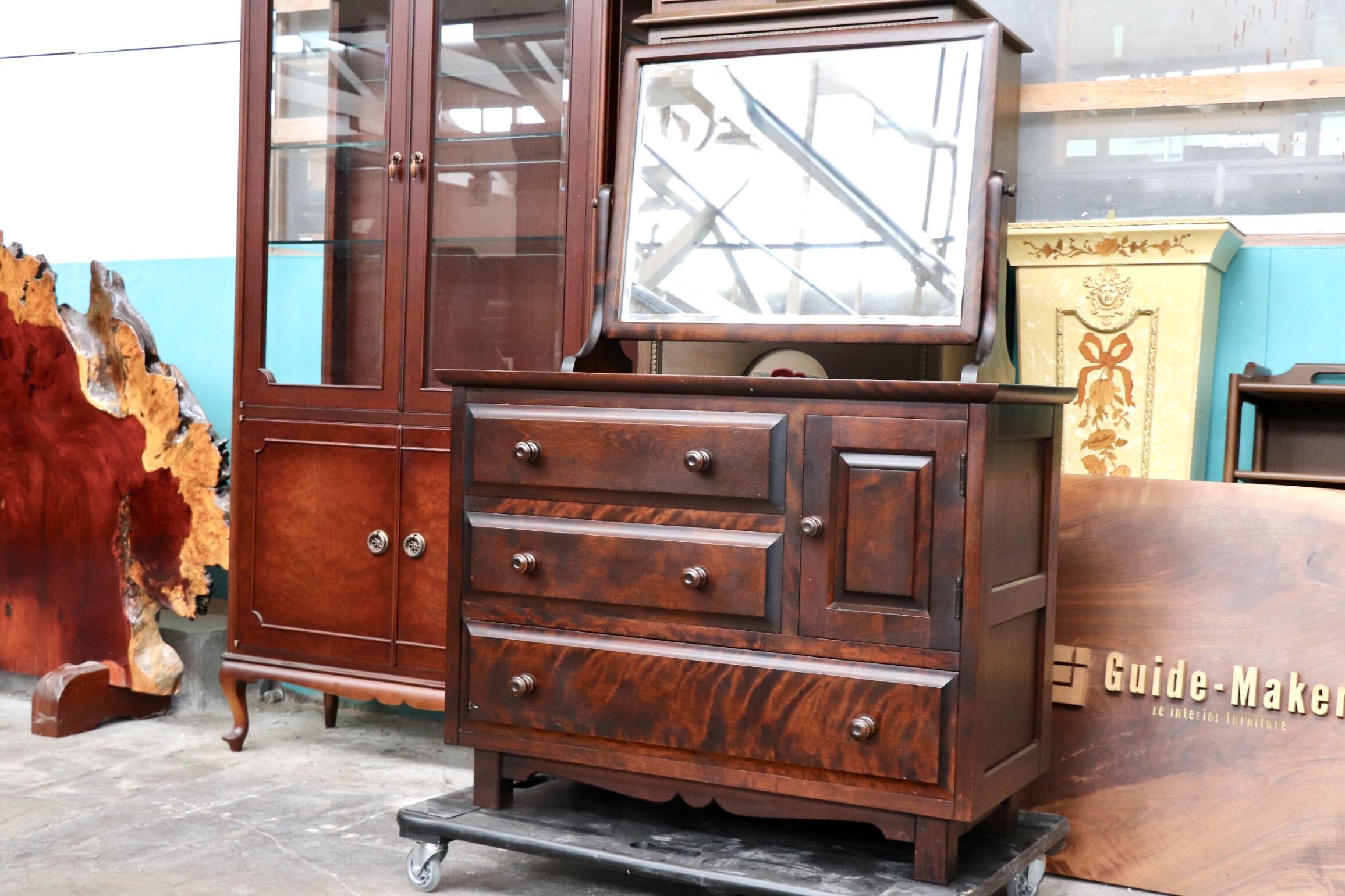 GMJS230○北海道民芸家具 ドレッサー 鏡台 化粧台 ミラー チェスト 整理箪笥 収納家具 樺材 アンティーク レトロ 古民家 和モダン 国産家具