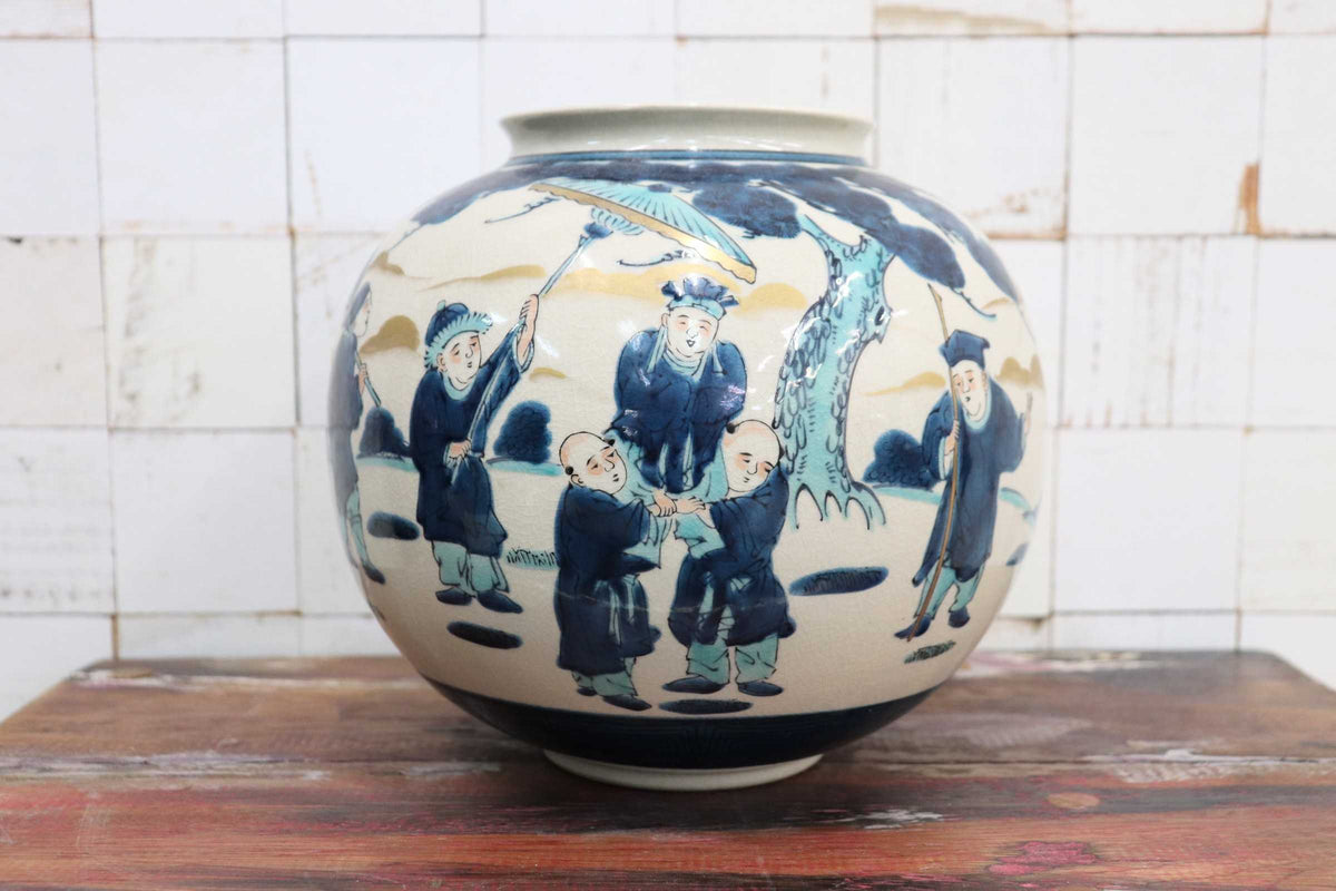 GMJK257A◯九谷焼 陶峰作 唐子文 丸壺 飾り壺 花瓶 花器 茶道具 色絵 染付 陶器 在銘 伝統工芸