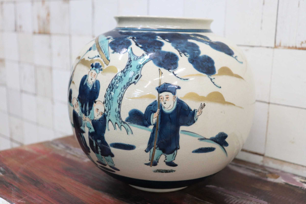 GMJK257A◯九谷焼 陶峰作 唐子文 丸壺 飾り壺 花瓶 花器 茶道具 色絵 染付 陶器 在銘 伝統工芸