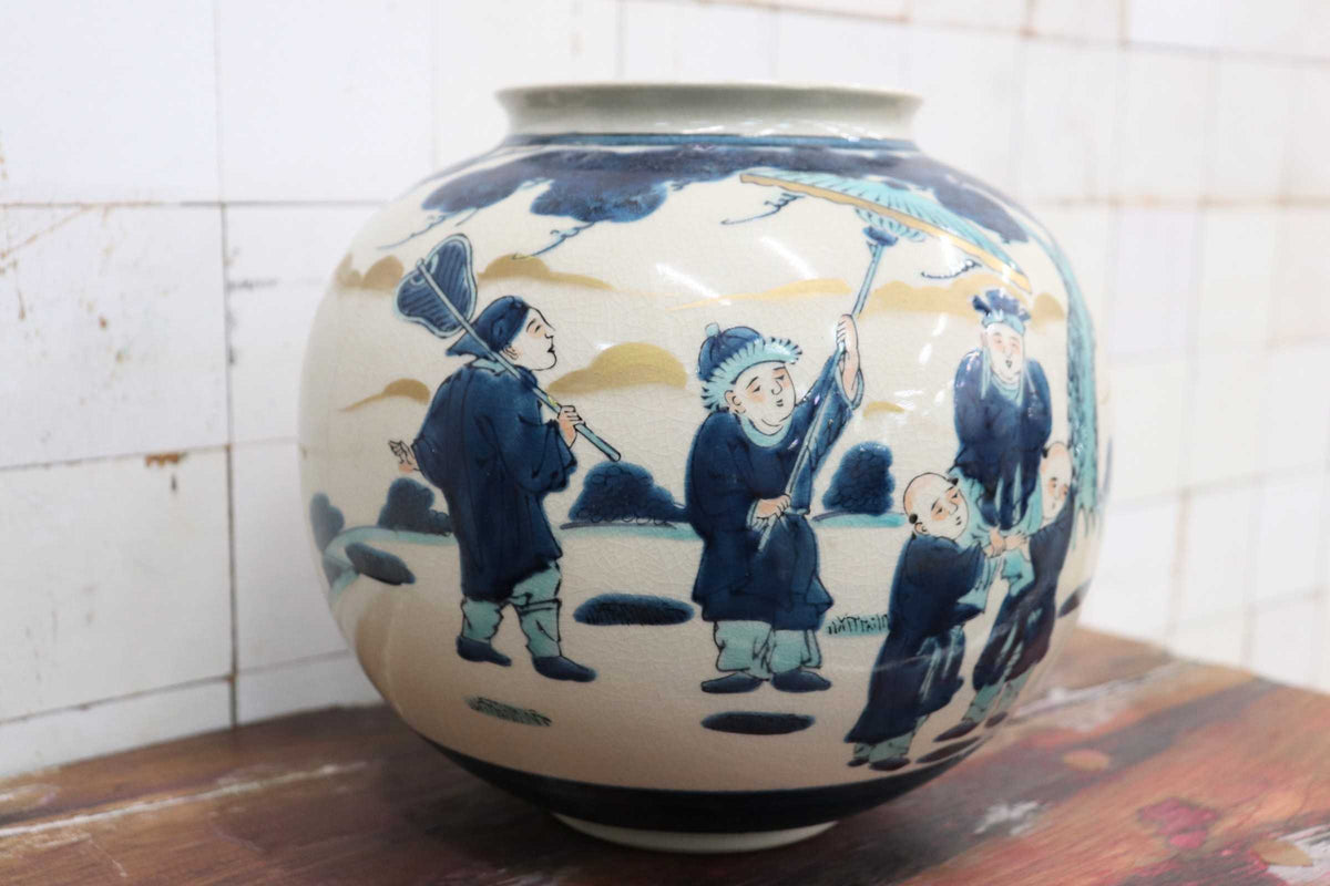 GMJK257A◯九谷焼 陶峰作 唐子文 丸壺 飾り壺 花瓶 花器 茶道具 色絵 染付 陶器 在銘 伝統工芸