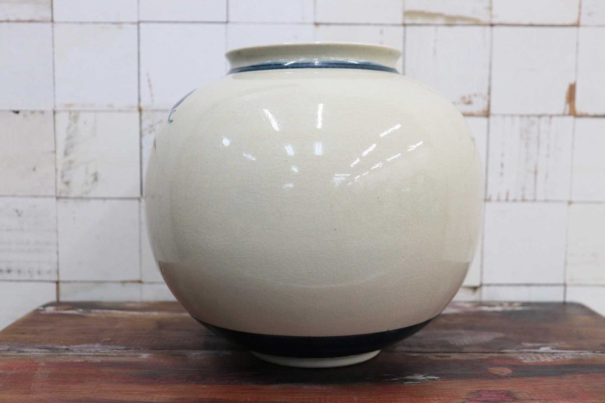 GMJK257A◯九谷焼 陶峰作 唐子文 丸壺 飾り壺 花瓶 花器 茶道具 色絵 染付 陶器 在銘 伝統工芸