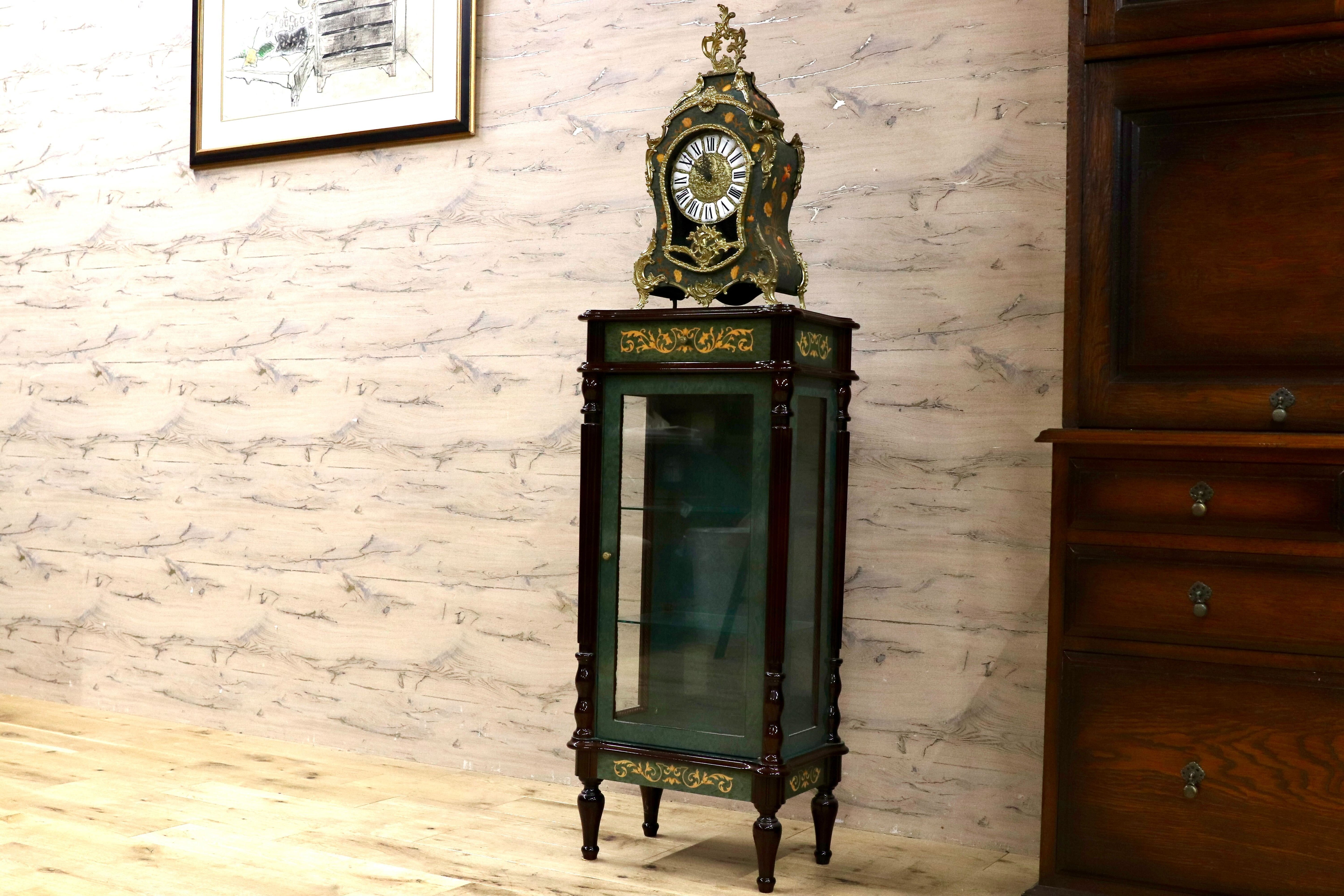 GMIK843○Le Ore イタリア製 キャビネット&置時計 ロココ調 クラシック グリーン 象嵌細工 エレガント 振り子 アートクロック