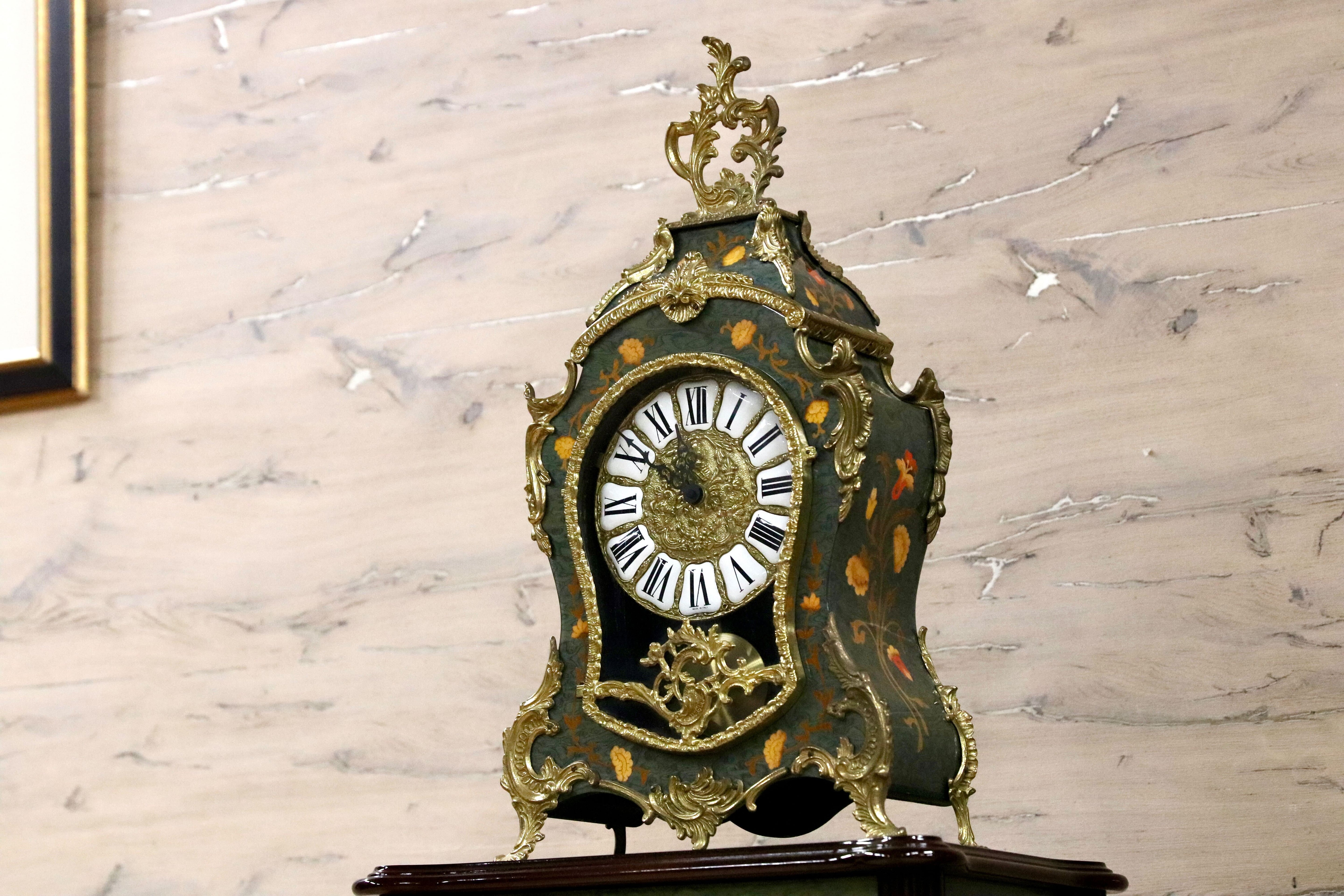 GMIK843○Le Ore イタリア製 キャビネット&置時計 ロココ調 クラシック グリーン 象嵌細工 エレガント 振り子 アートクロック