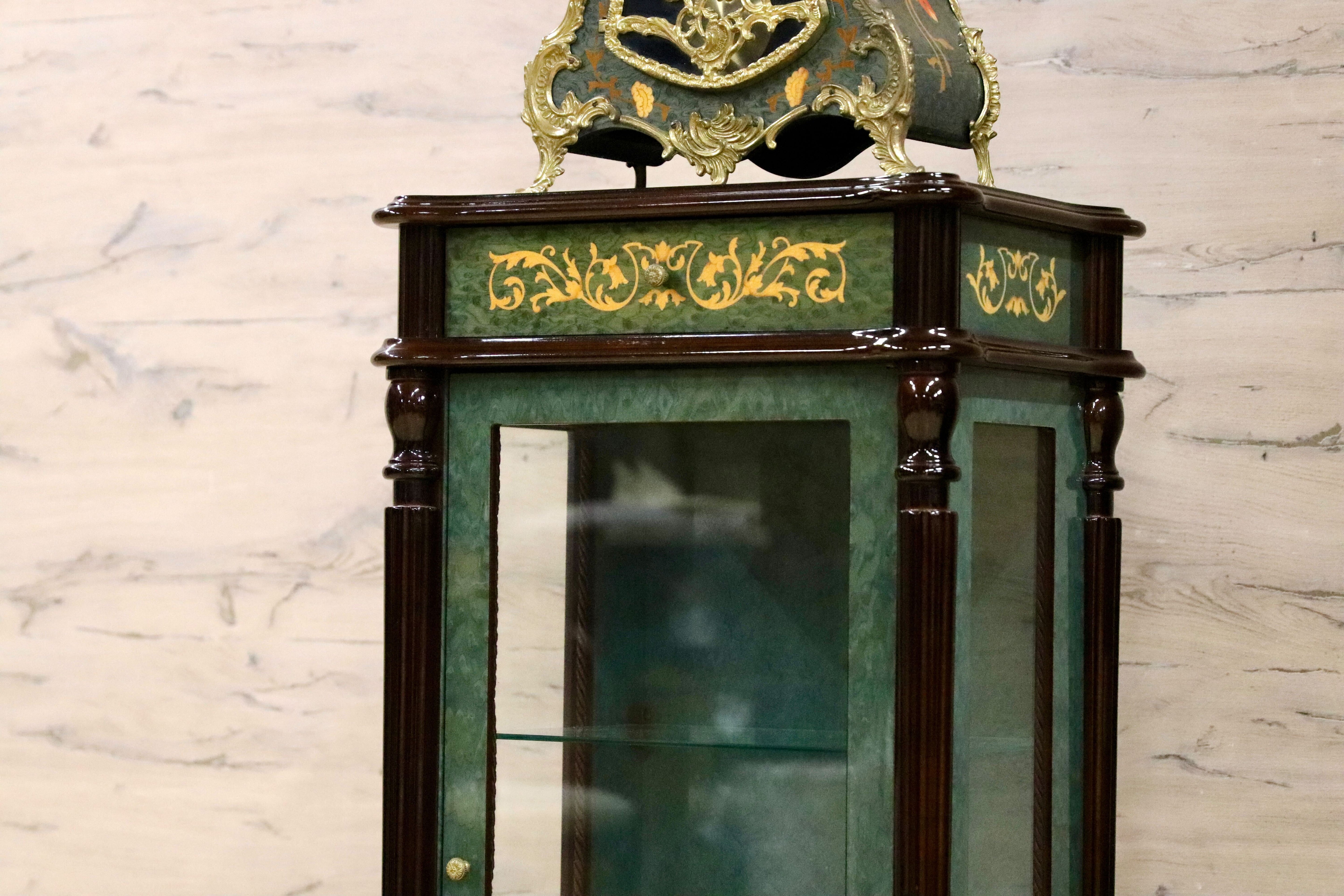 GMIK843○Le Ore イタリア製 キャビネット&置時計 ロココ調 クラシック グリーン 象嵌細工 エレガント 振り子 アートクロック