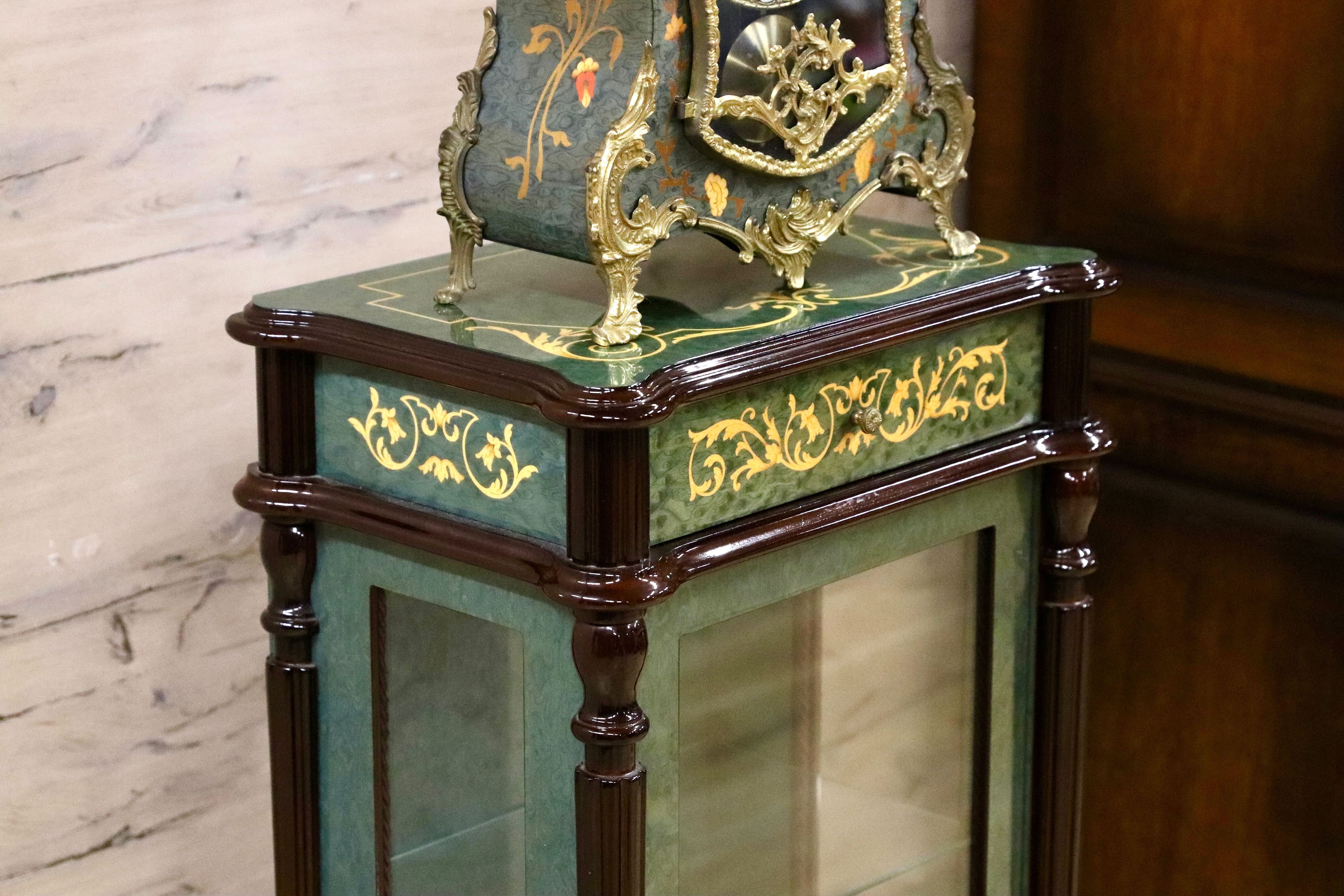 GMIK843○Le Ore イタリア製 キャビネット&置時計 ロココ調 クラシック グリーン 象嵌細工 エレガント 振り子 アートクロック