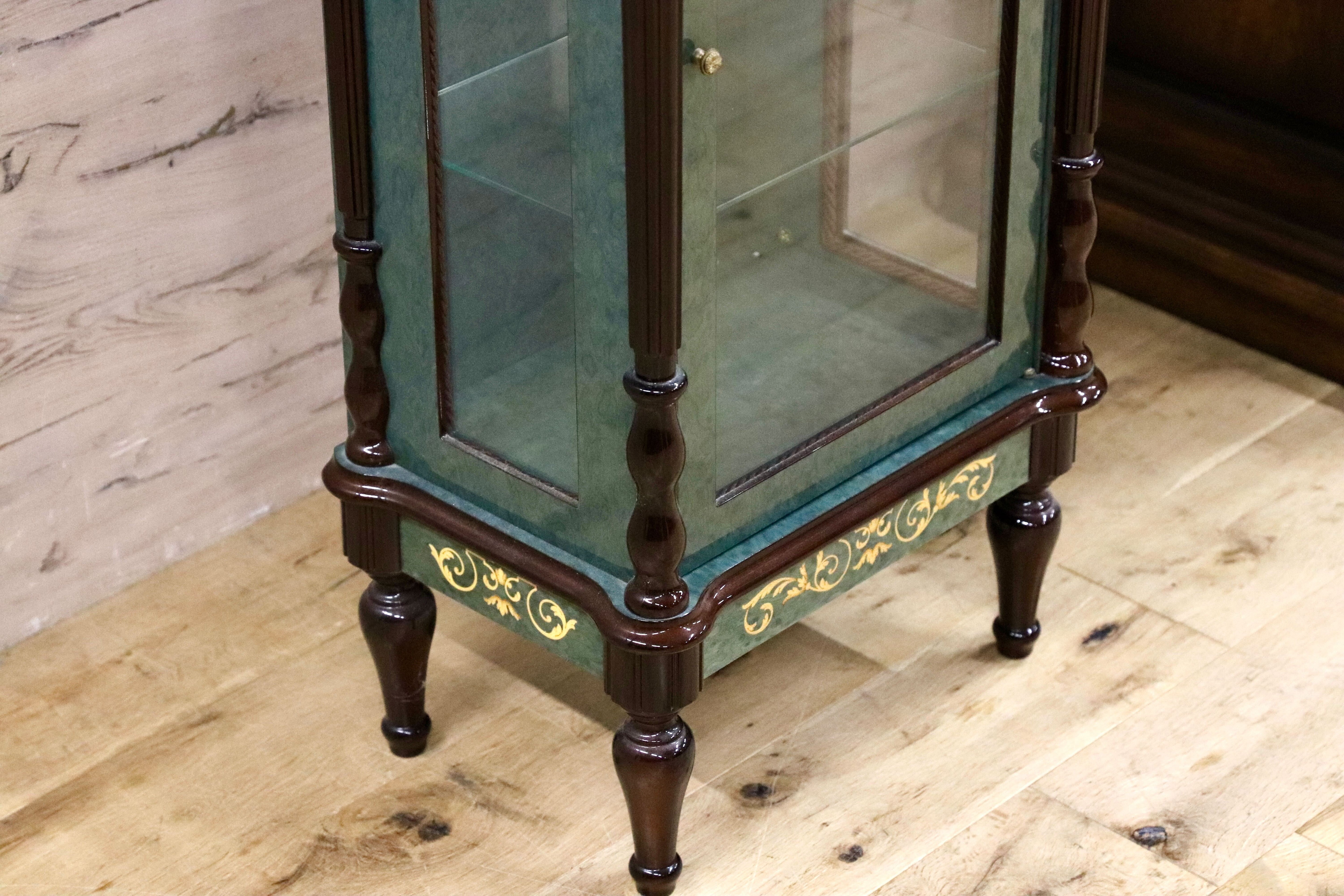 GMIK843○Le Ore イタリア製 キャビネット&置時計 ロココ調 クラシック グリーン 象嵌細工 エレガント 振り子 アートクロック