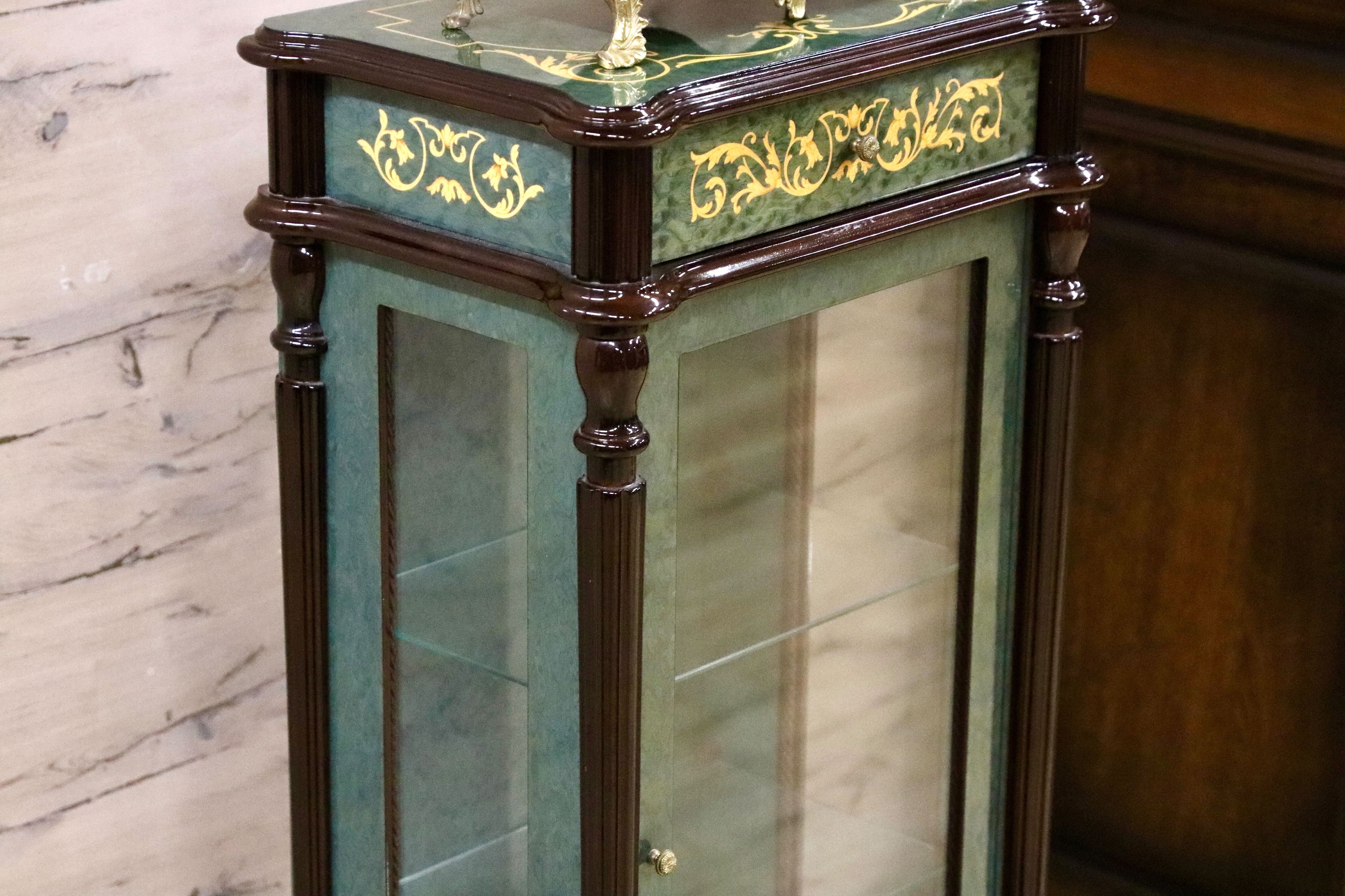 GMIK843○Le Ore イタリア製 キャビネット&置時計 ロココ調 クラシック グリーン 象嵌細工 エレガント 振り子 アートクロック