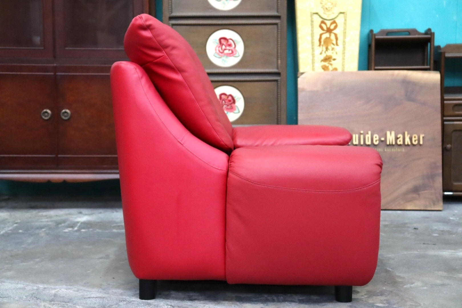 GMJK263C○FUJI FURNITURE / 冨士ファニチア L6760A 1人掛けソファ シングルソファ ラウンジチェア 本革 レッド 国産家具 美品