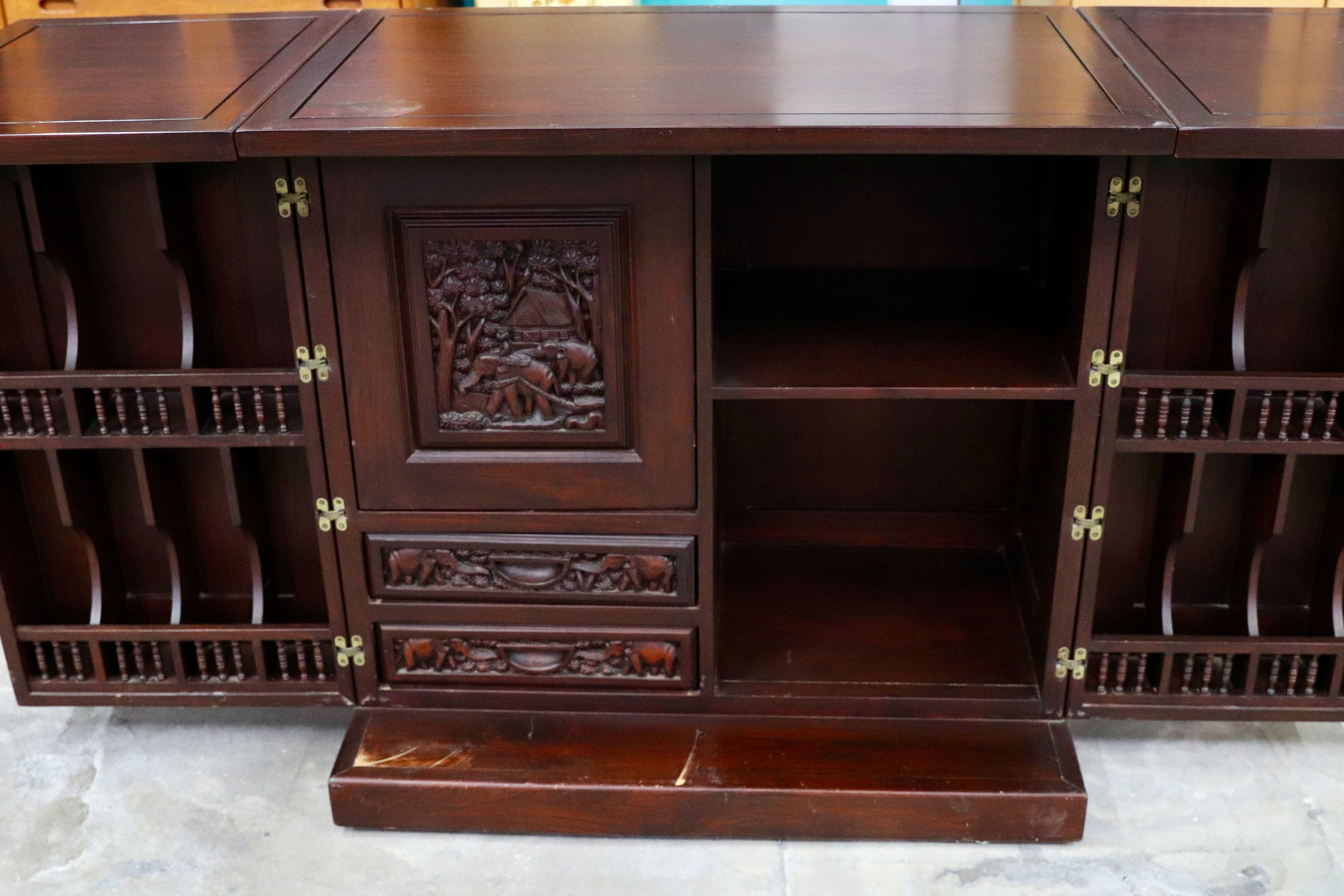 GMHS459○アジアン 中国美術 唐木家具 ワインラック サイドボード リビングボード アンティーク キャビネット キャスター付き