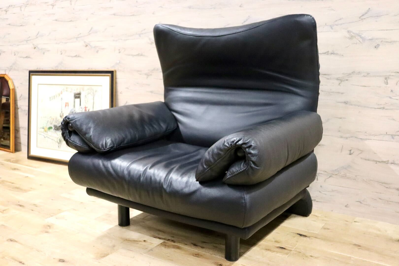 GMGK572B○Poltromec / ポルトロメック ジェミニ 1人掛けソファ シングルソファ 黒総革 イタリアモダン 定価約30万 美品