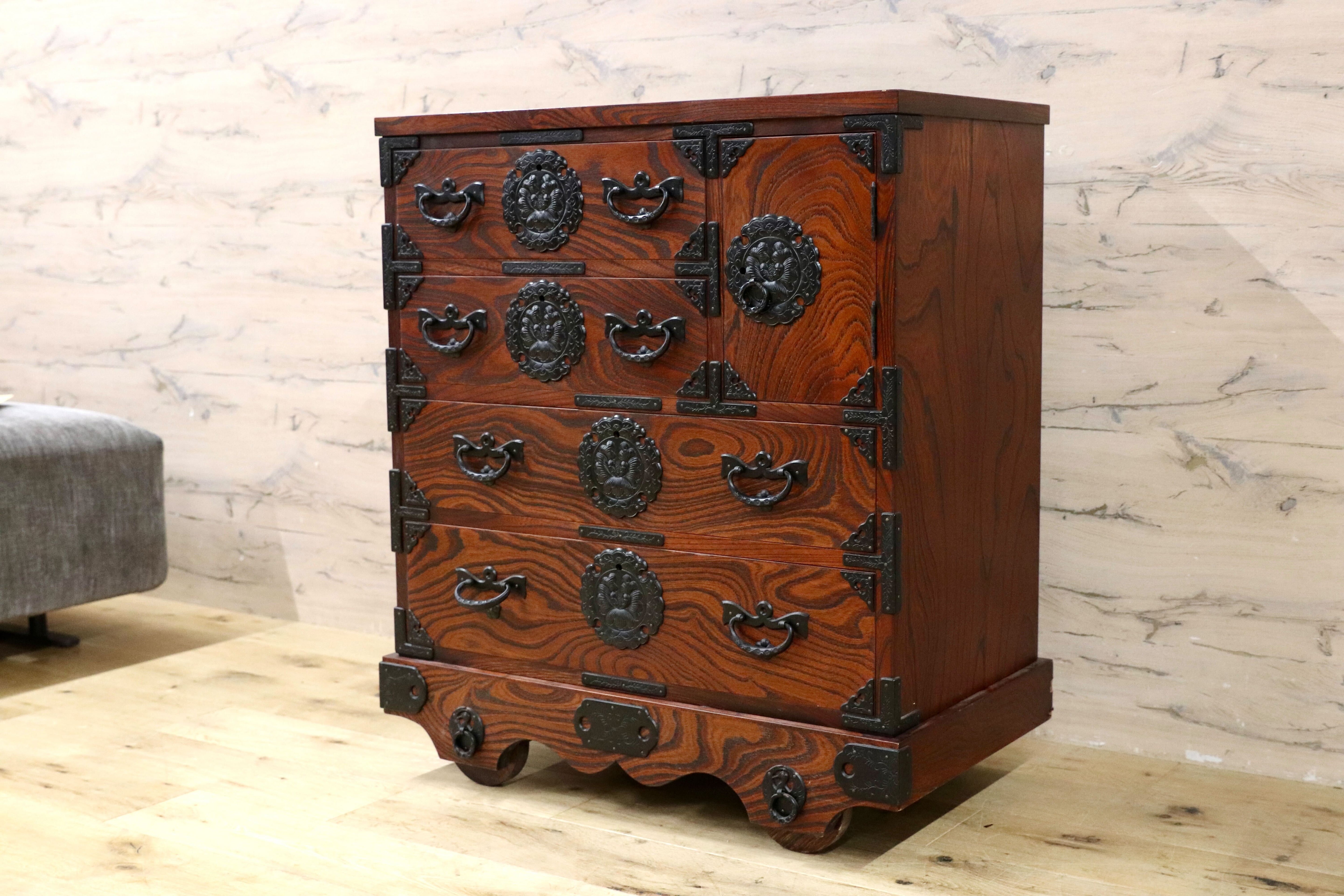 GMIH397○岩谷堂箪笥 車箪笥 サイドボード リビングボード 整理箪笥 和家具 欅材 アンティーク レトロ 時代箪笥