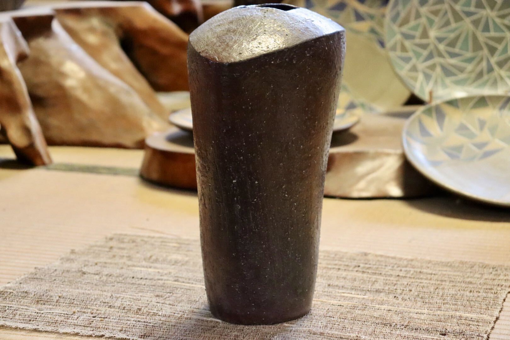 GMJI13◯市野悟窯 丹波焼 花器 花入 一輪挿し 花瓶 扁壺 市野哲次 陶器 丹波篠山 和モダン