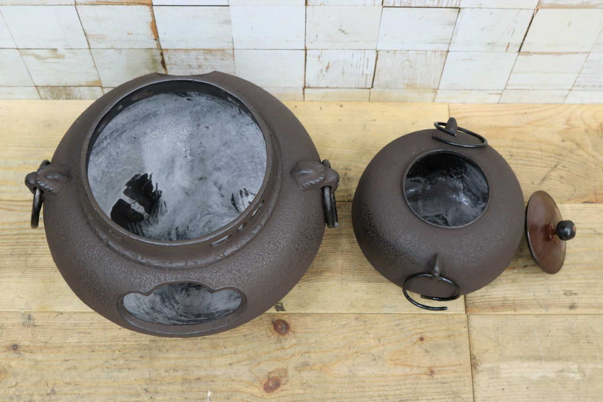 GMJK363A◯いち楽 鬼面風炉 茶釜 釜鐶付 風炉釜 茶道具 鉄器 鉄製 古道具 煎茶道具 茶道 風炉 鉄釜 時代物 伝統工芸