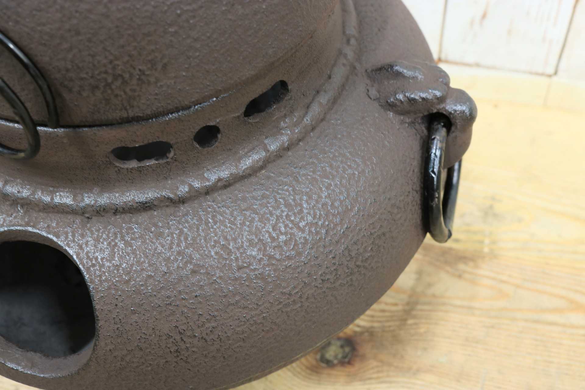 GMJK363A◯いち楽 鬼面風炉 茶釜 釜鐶付 風炉釜 茶道具 鉄器 鉄製 古道具 煎茶道具 茶道 風炉 鉄釜 時代物 伝統工芸