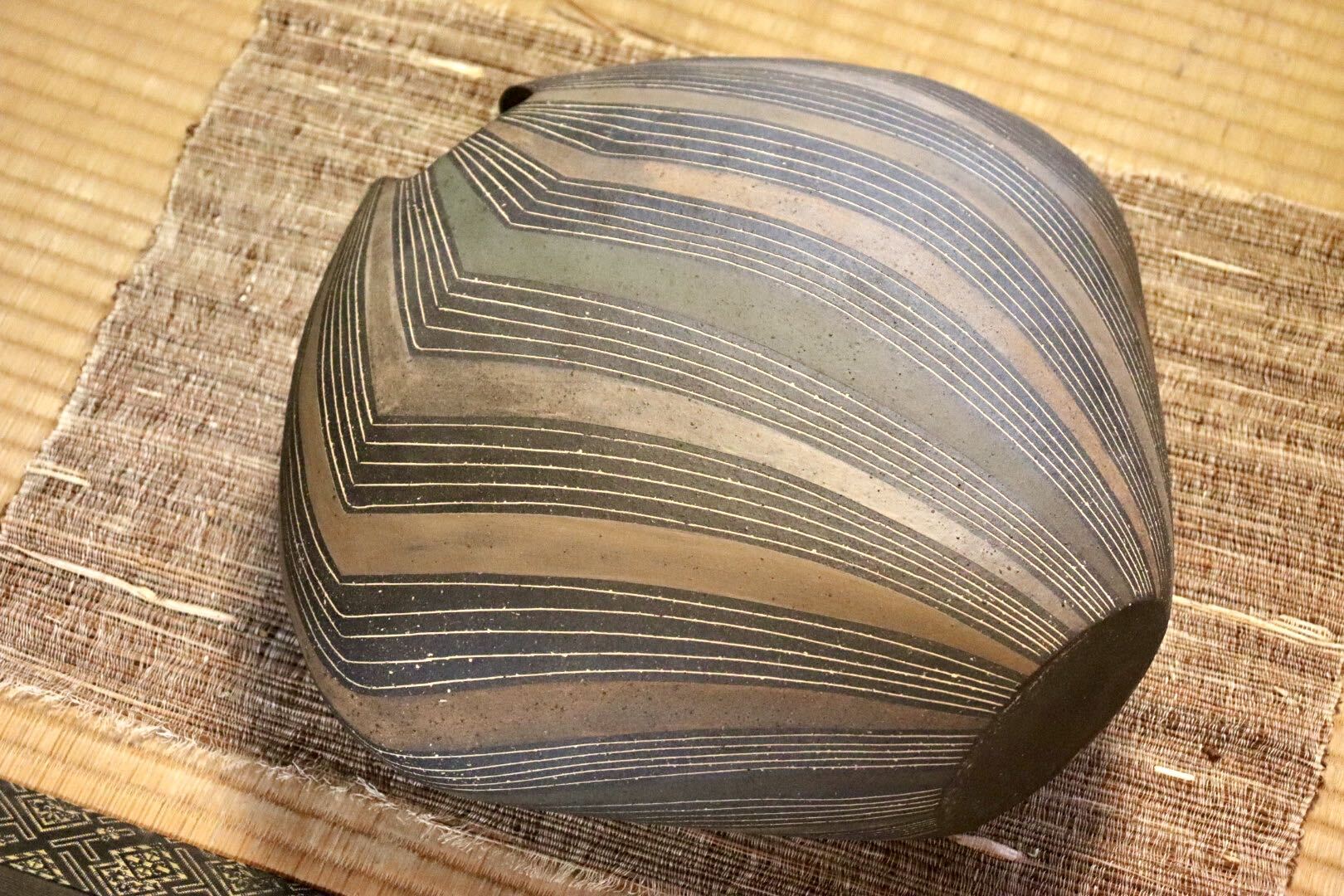 GMJI24◯市野悟窯 丹波焼 花器 花入 花生 扁壺 花瓶 陶器 丹波篠山 市野哲次 伝統工芸 和モダン インテリア