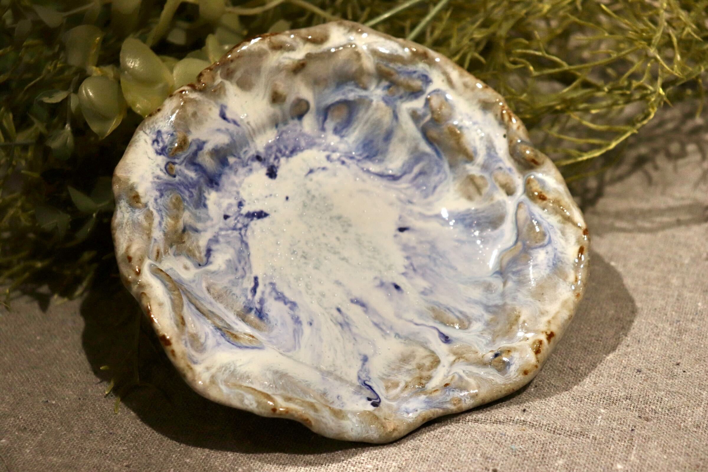 GMIO372-A◯丹文窯 丹波焼 水色流し 陶器 皿 丸皿 小皿 伝統工芸 丹波篠山 未使用