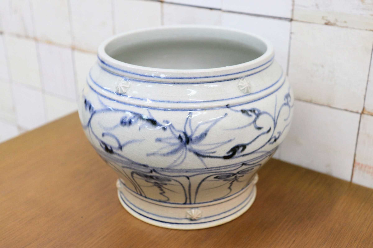 GMJK257G◯萬古焼 太仙窯 山本太仙 安南 水指 茶道具 茶器 安南写 唐草文 染付 古美術 伝統工芸