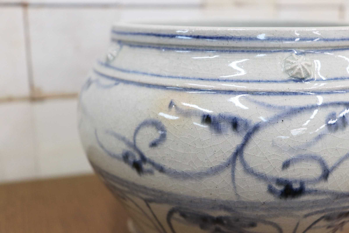 GMJK257G◯萬古焼 太仙窯 山本太仙 安南 水指 茶道具 茶器 安南写 唐草文 染付 古美術 伝統工芸