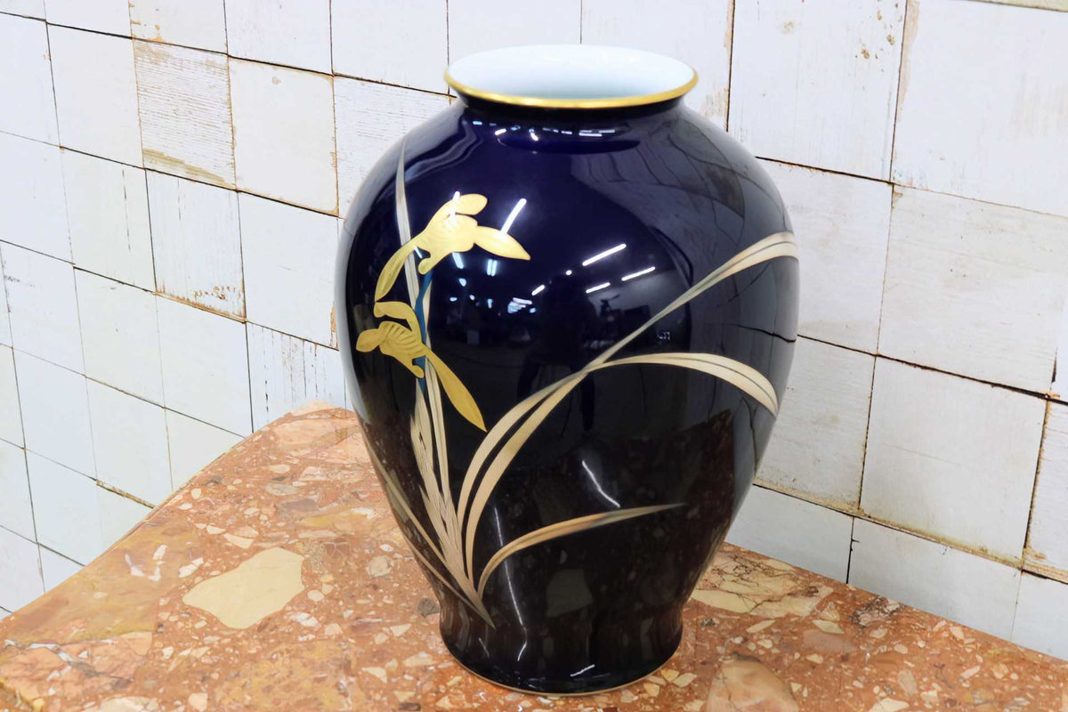 GMJS271A◯香蘭社 瑠璃金彩蘭文 花瓶 壺 フラワーベース 花器 華道具 共箱 伝統工芸