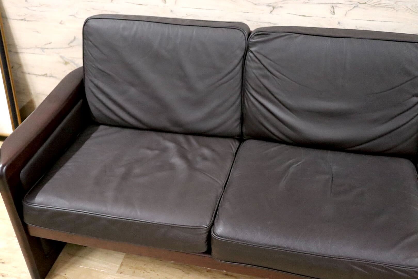 GMGK517○Dyrlund / デューロン 3人掛けソファ トリプルソファ 長椅子 北欧 デンマーク ローズウッド 本革 希少 ヴィンテージ 約80万