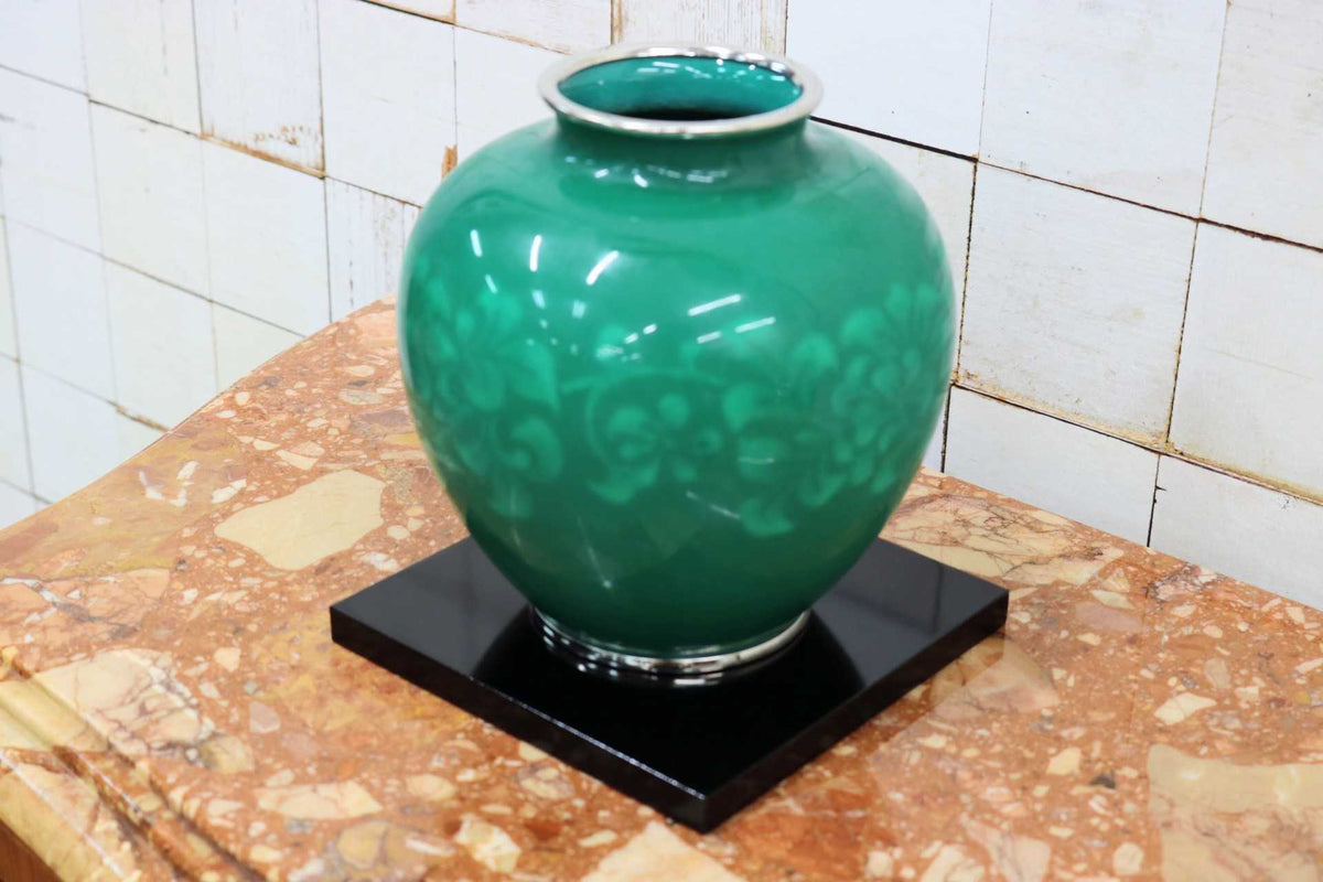 GMJS271H◯七宝焼 花瓶 花器 翡翠緑 花台付き 植物文様 共箱 華道具 置物 インテリア レトロ アンティーク 伝統工芸