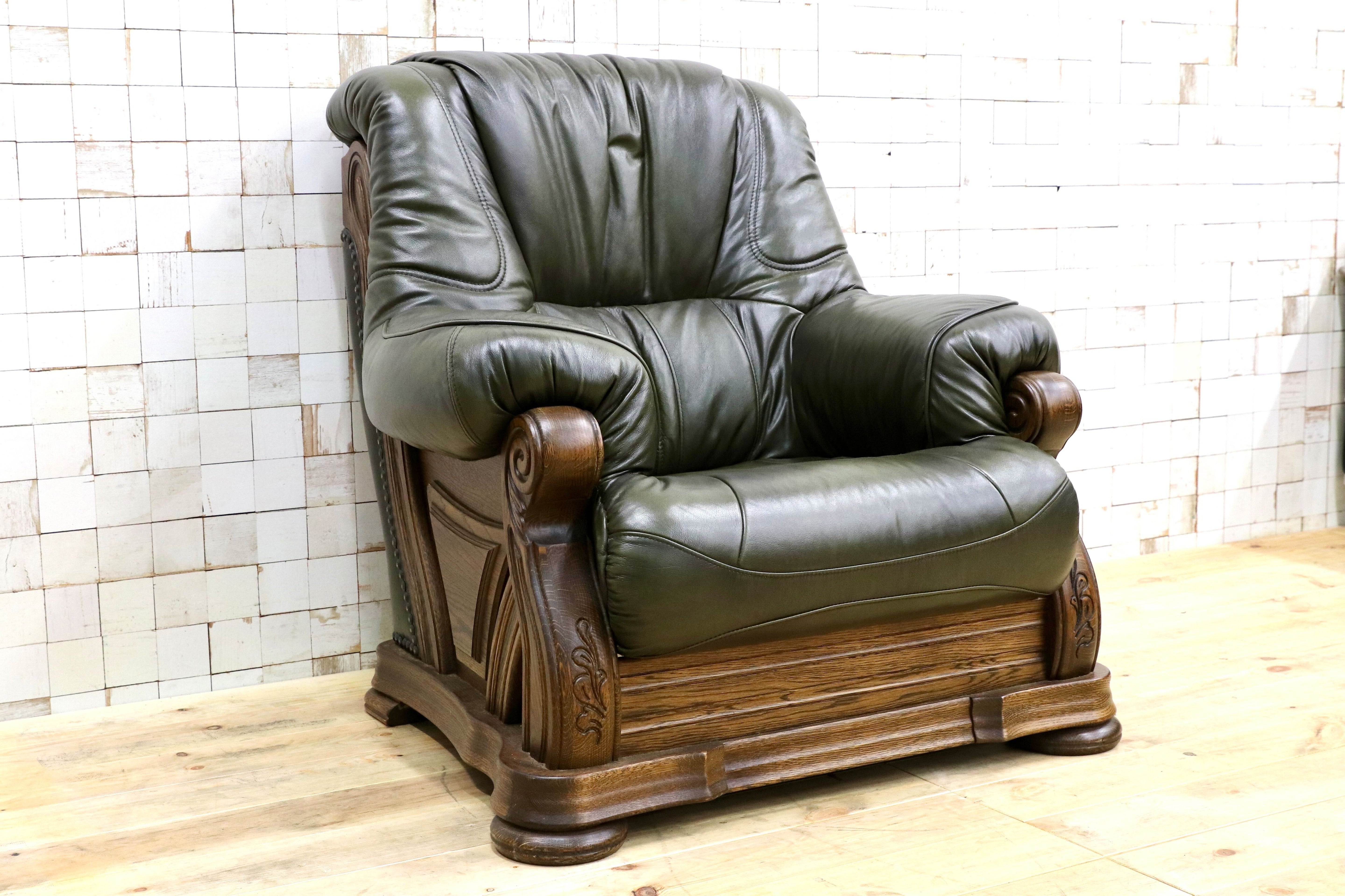 GMHO99A○オランダ製 ダッチカントリー 1人掛けソファ シングルソファ オーク材 本革 緑 椅子 クラシック ヴィンテージ 約30万