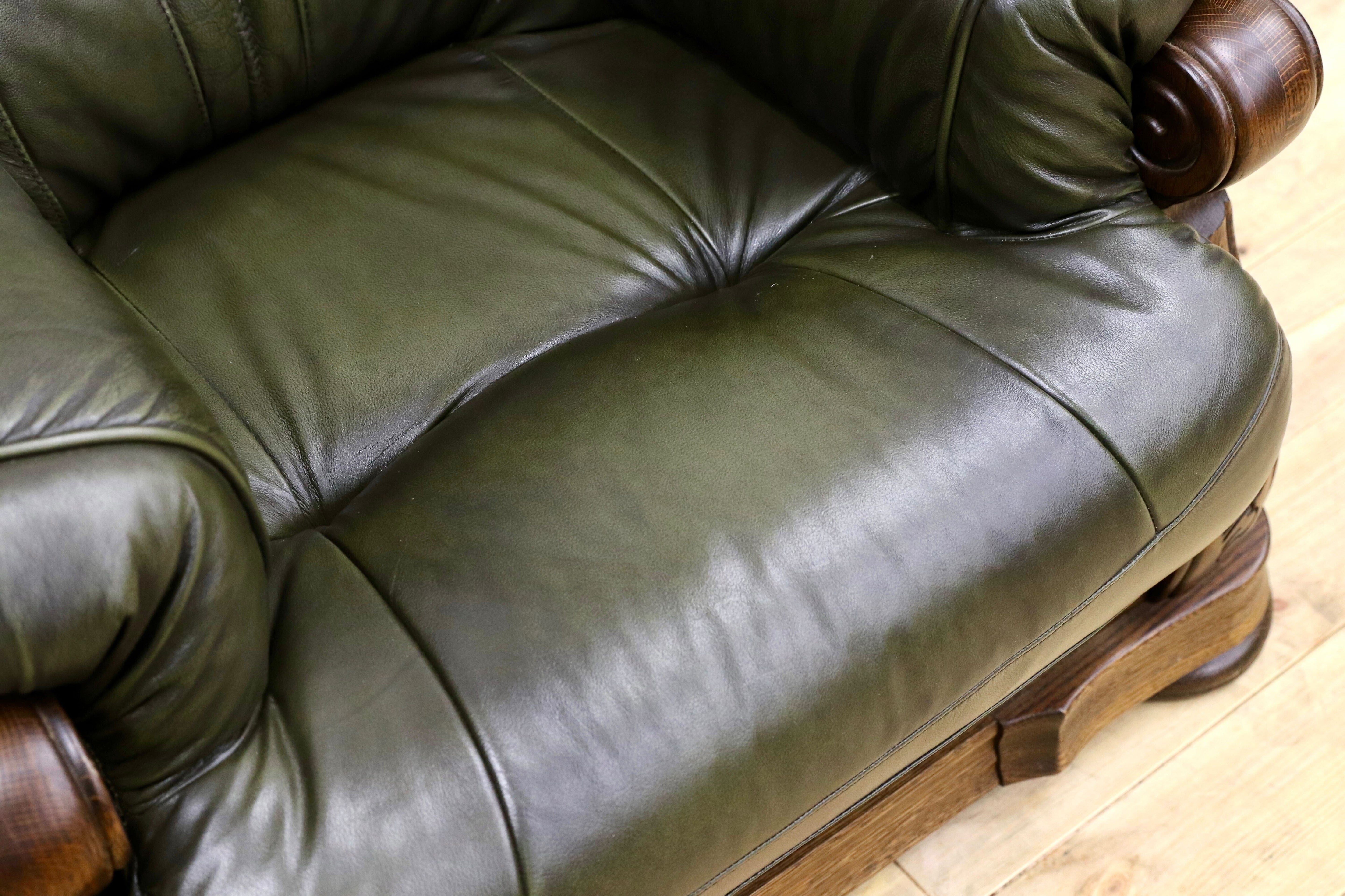 GMHO99A○オランダ製 ダッチカントリー 1人掛けソファ シングルソファ オーク材 本革 緑 椅子 クラシック ヴィンテージ 約30万