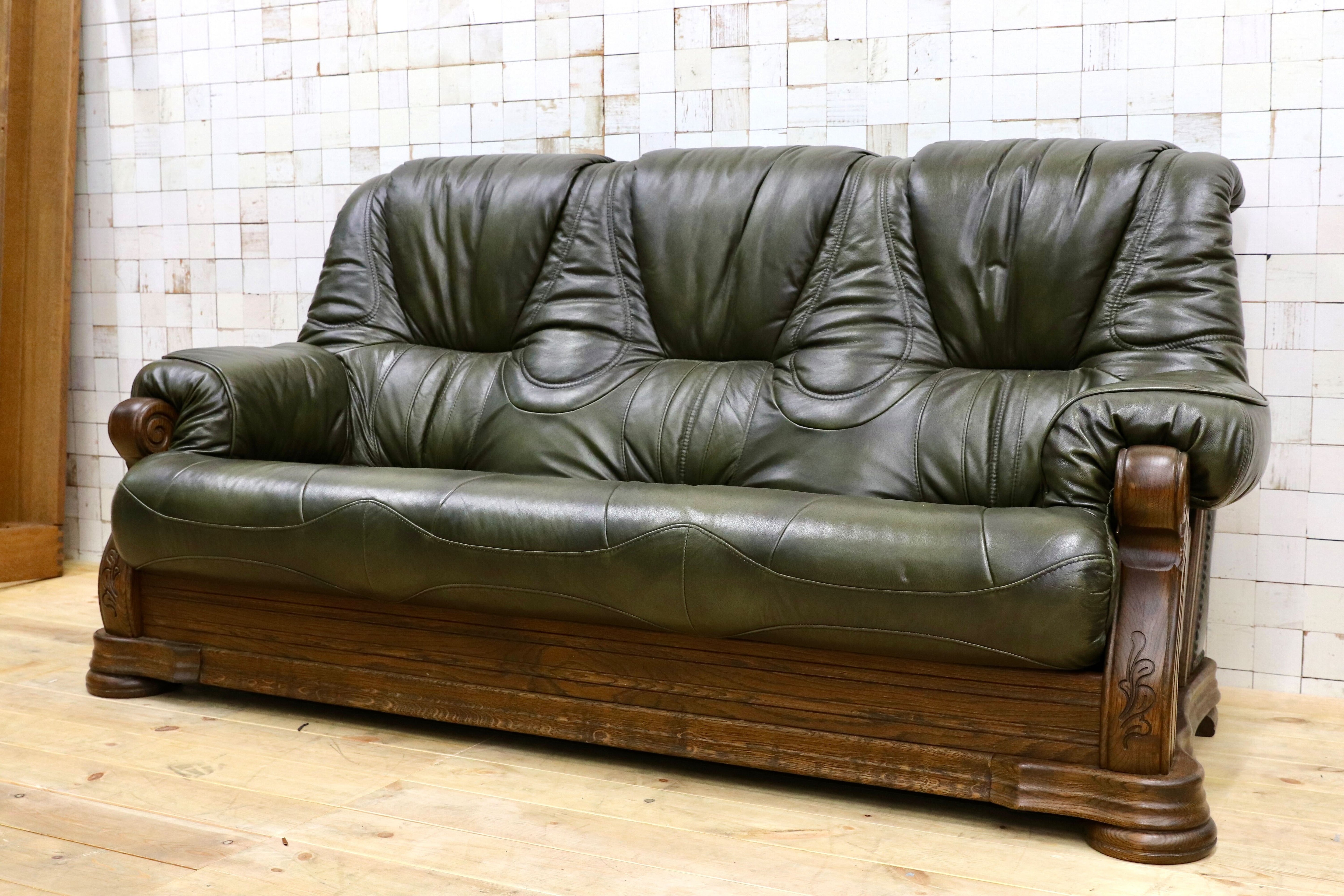 GMHO99B○オランダ製 ダッチカントリー 3人掛けソファ トリプルソファ オーク材 本革 緑 椅子 クラシック ヴィンテージ 約60万