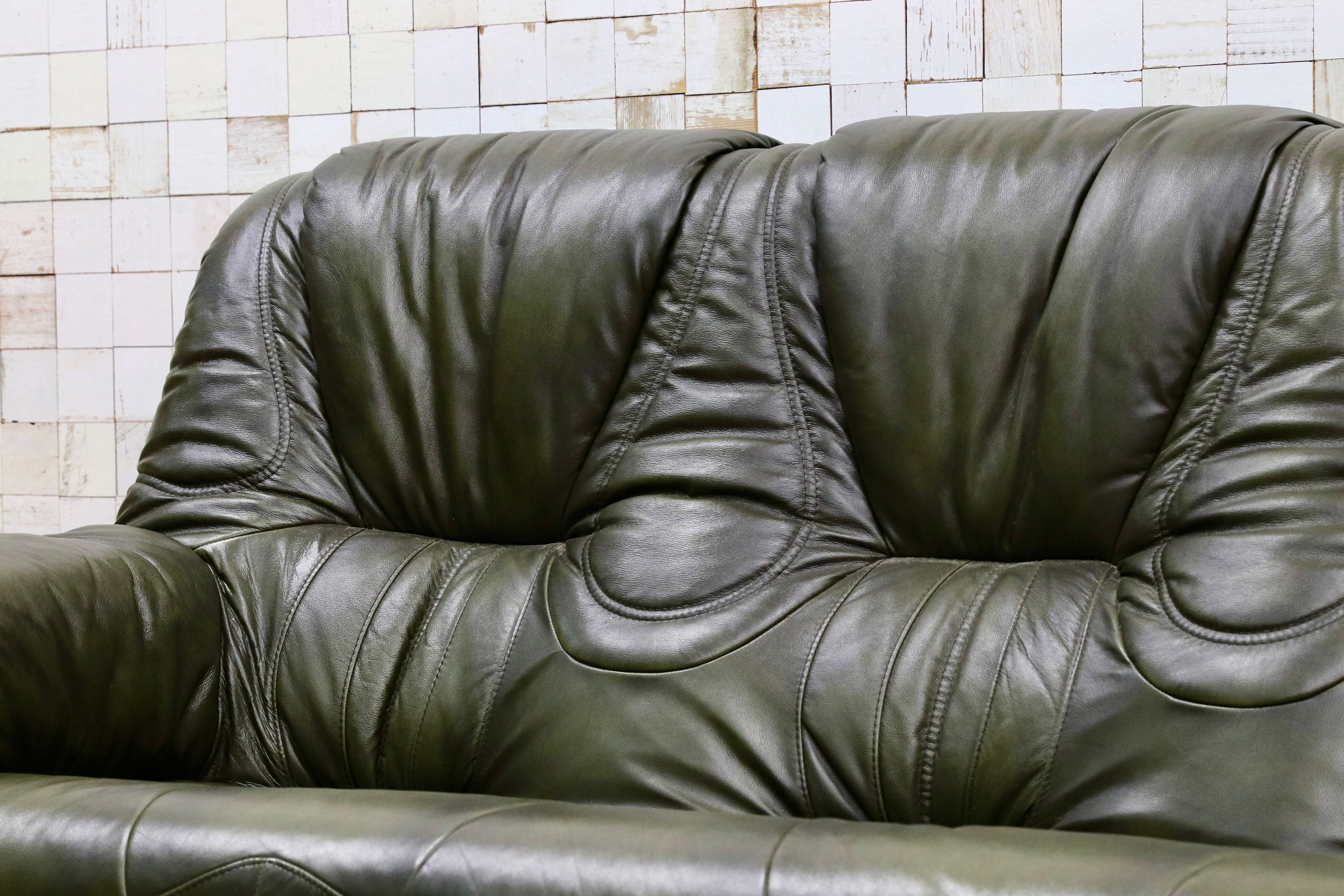 GMHO99B○オランダ製 ダッチカントリー 3人掛けソファ トリプルソファ オーク材 本革 緑 椅子 クラシック ヴィンテージ 約60万