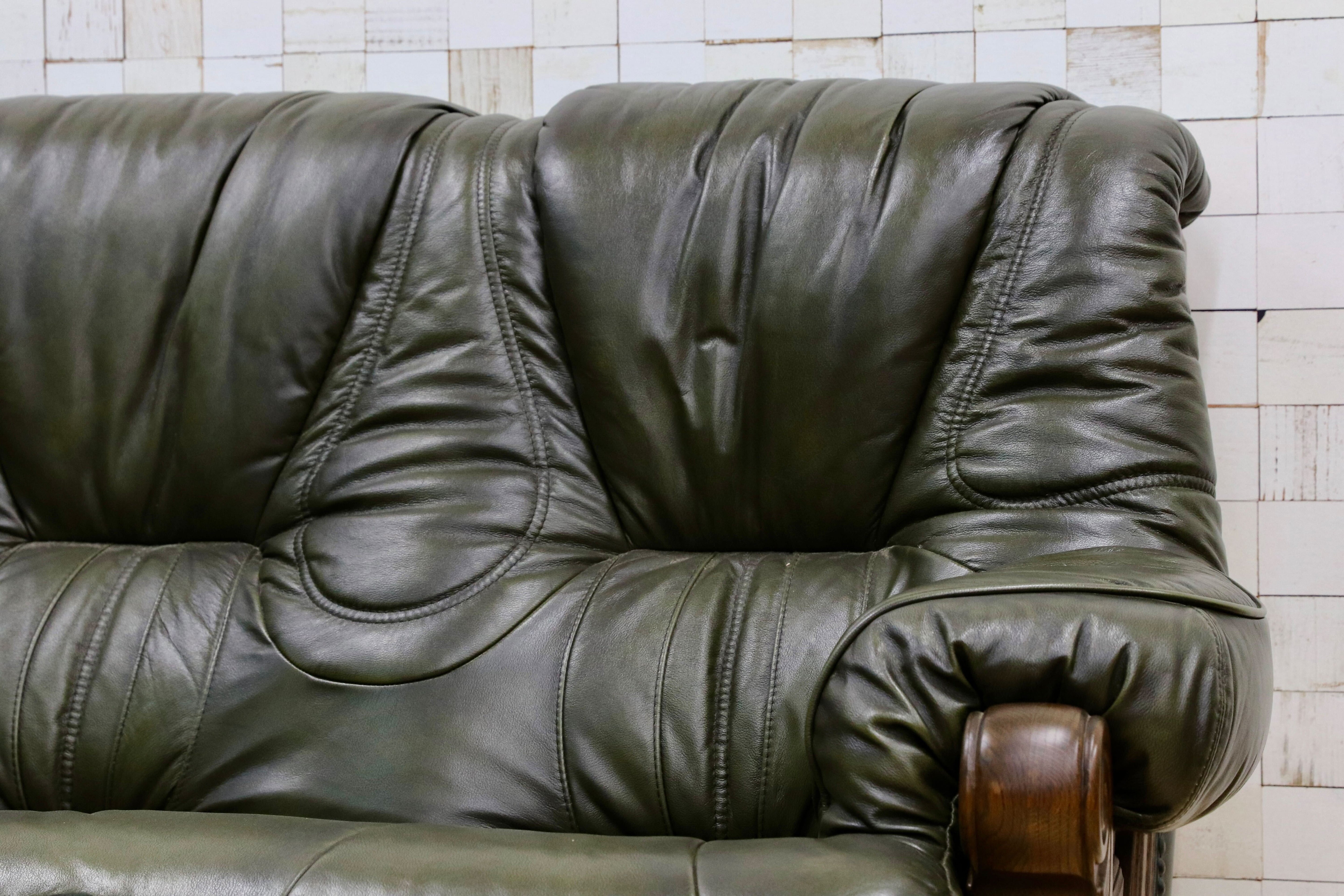 GMHO99B○オランダ製 ダッチカントリー 3人掛けソファ トリプルソファ オーク材 本革 緑 椅子 クラシック ヴィンテージ 約60万