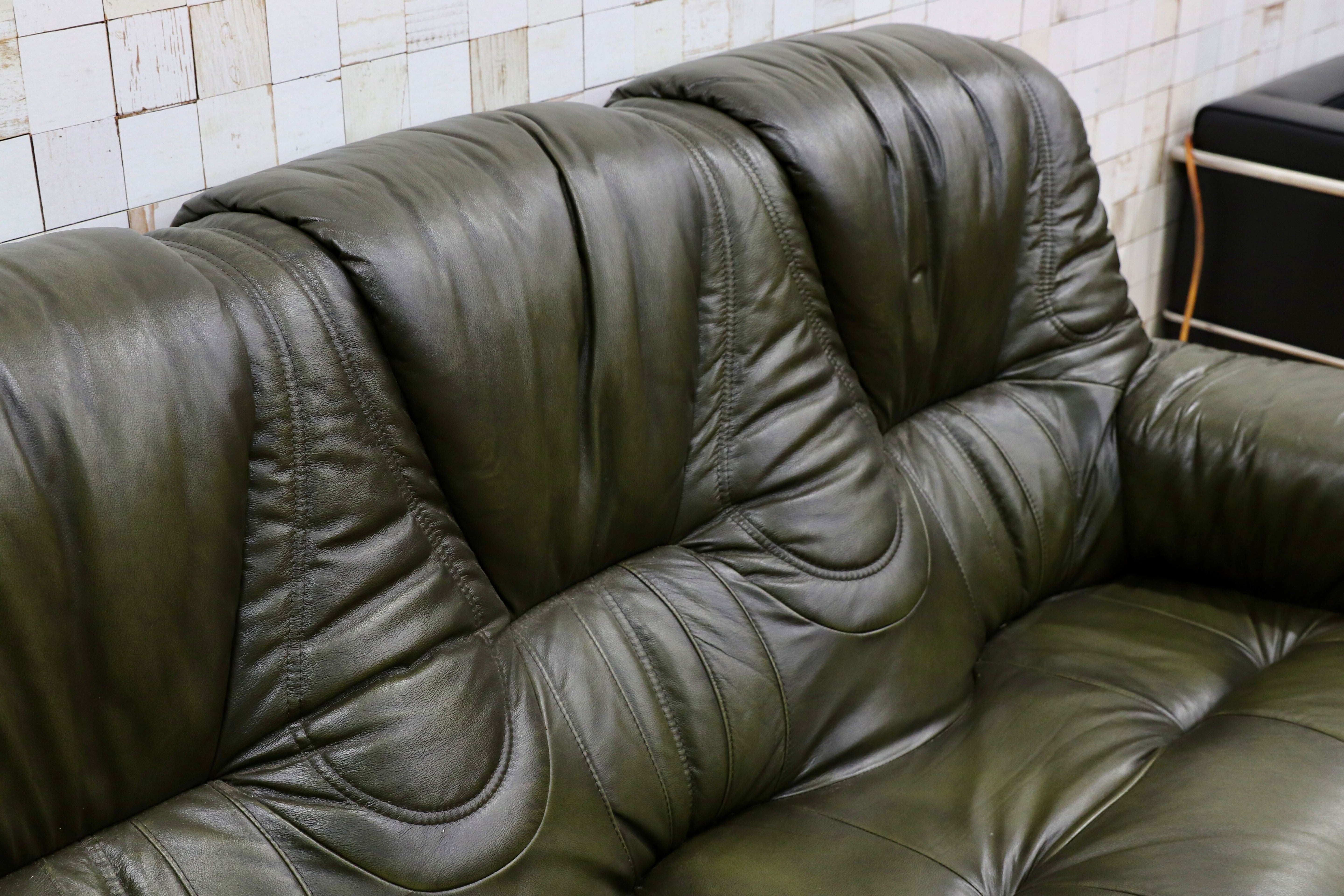 GMHO99B○オランダ製 ダッチカントリー 3人掛けソファ トリプルソファ オーク材 本革 緑 椅子 クラシック ヴィンテージ 約60万